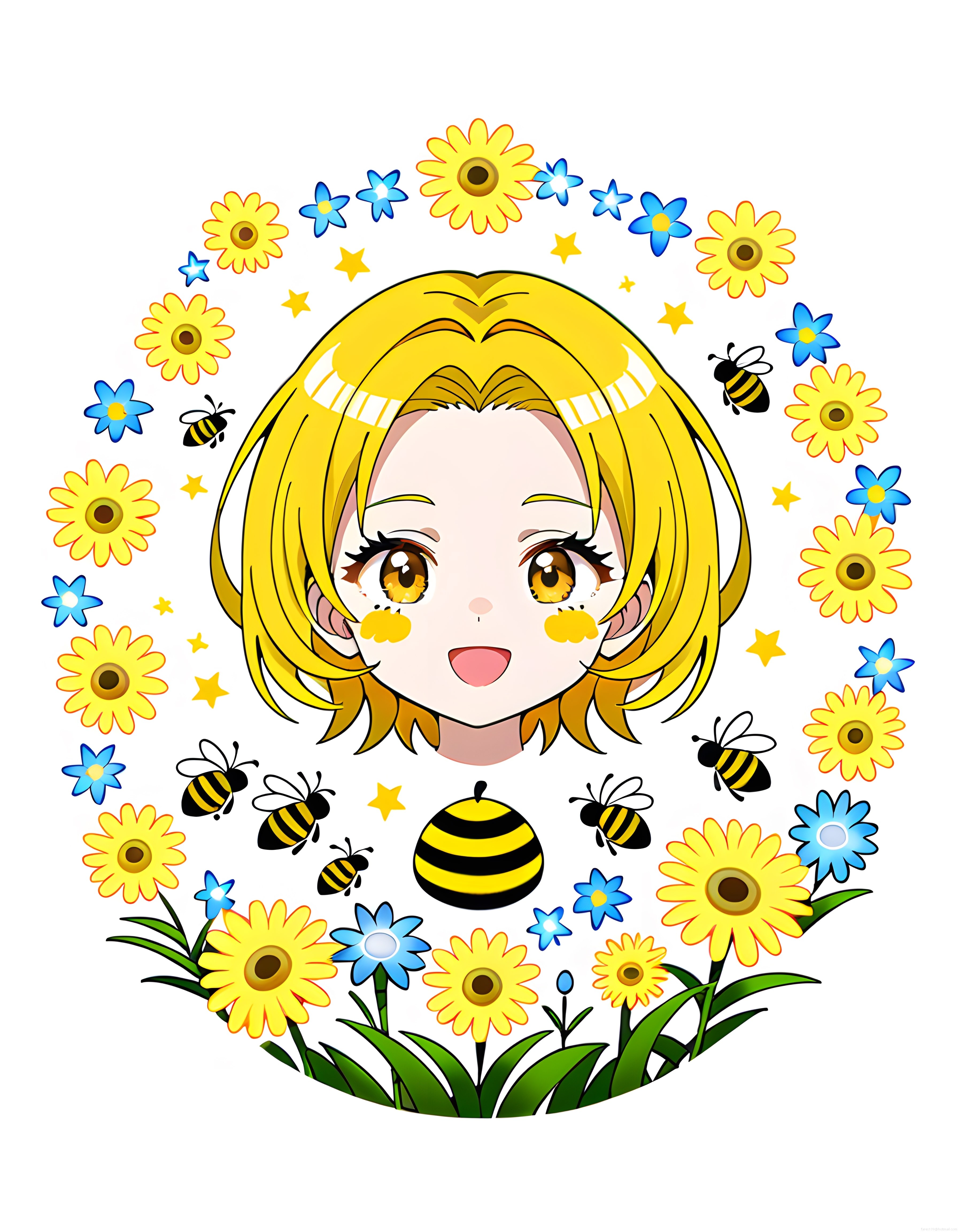 Ayçiçekleri ve arılar arasında gülümseyen sarı saçlı sevimli anime kız çizimi