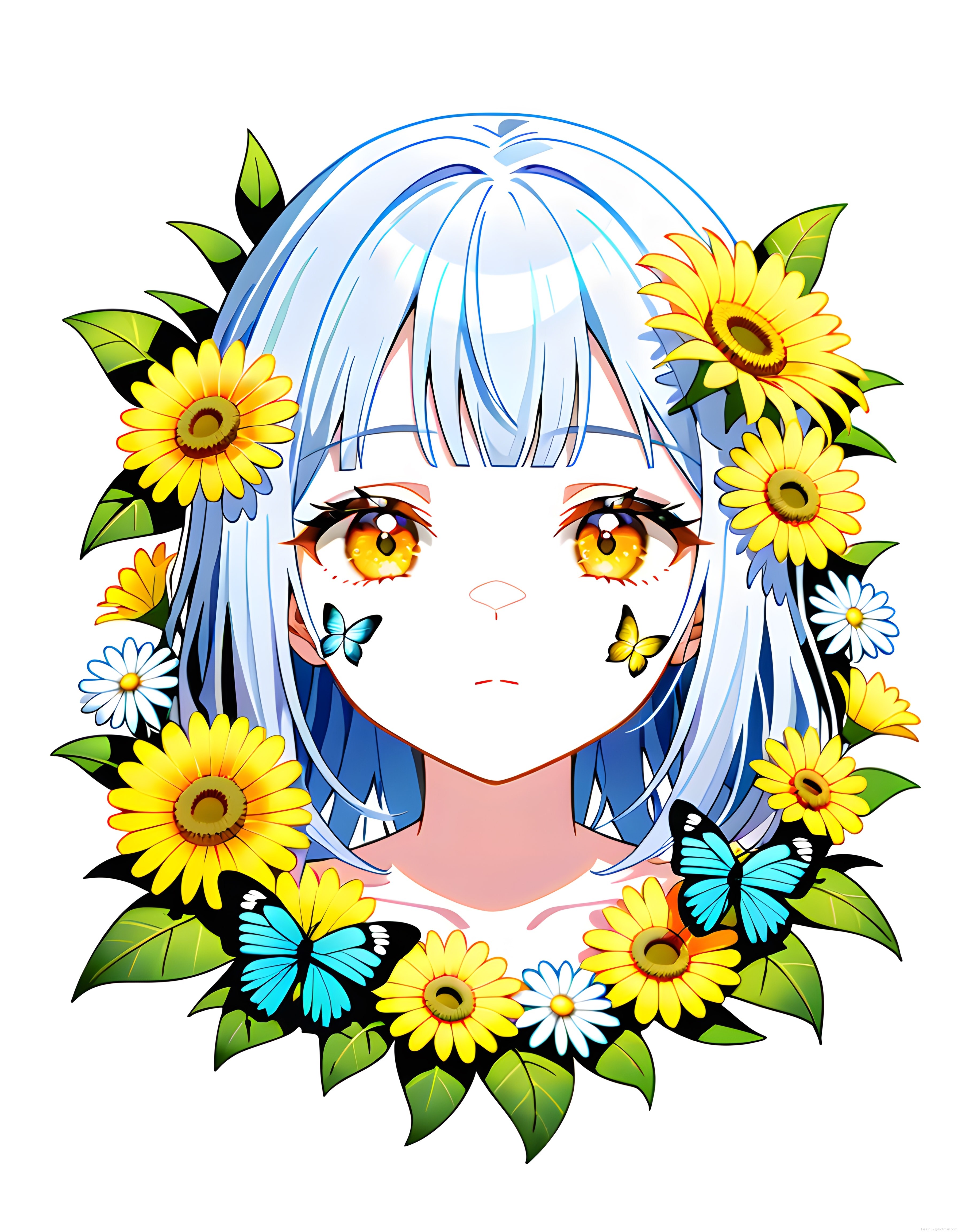 Ayçiçekleri ve Kelebeklerle Çevrili Gümüş Saçlı Anime Kız İllüstrasyonu