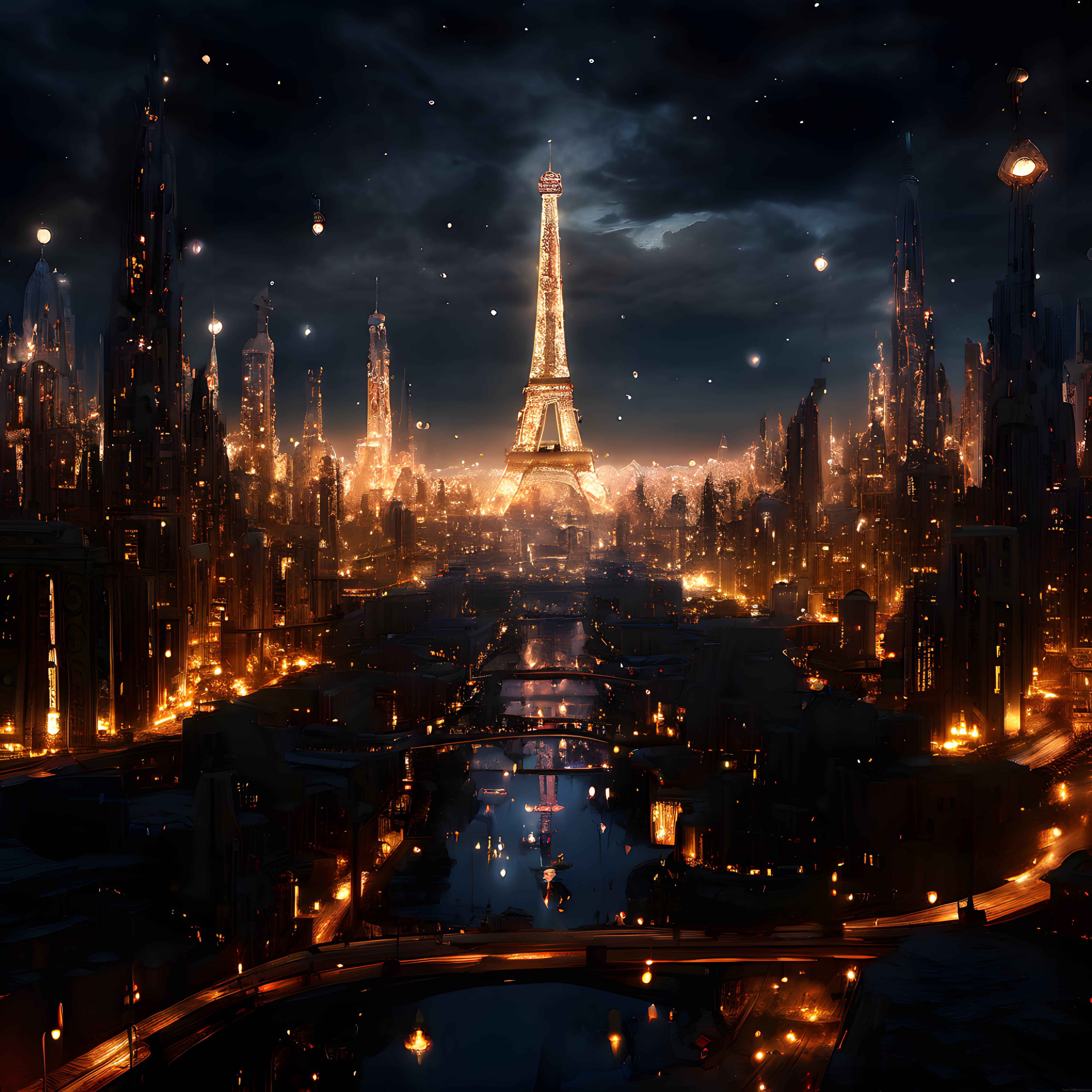 Aydınlatılmış fütüristik Paris gece manzarasında Eyfel Kulesi ve steampunk mimarisi