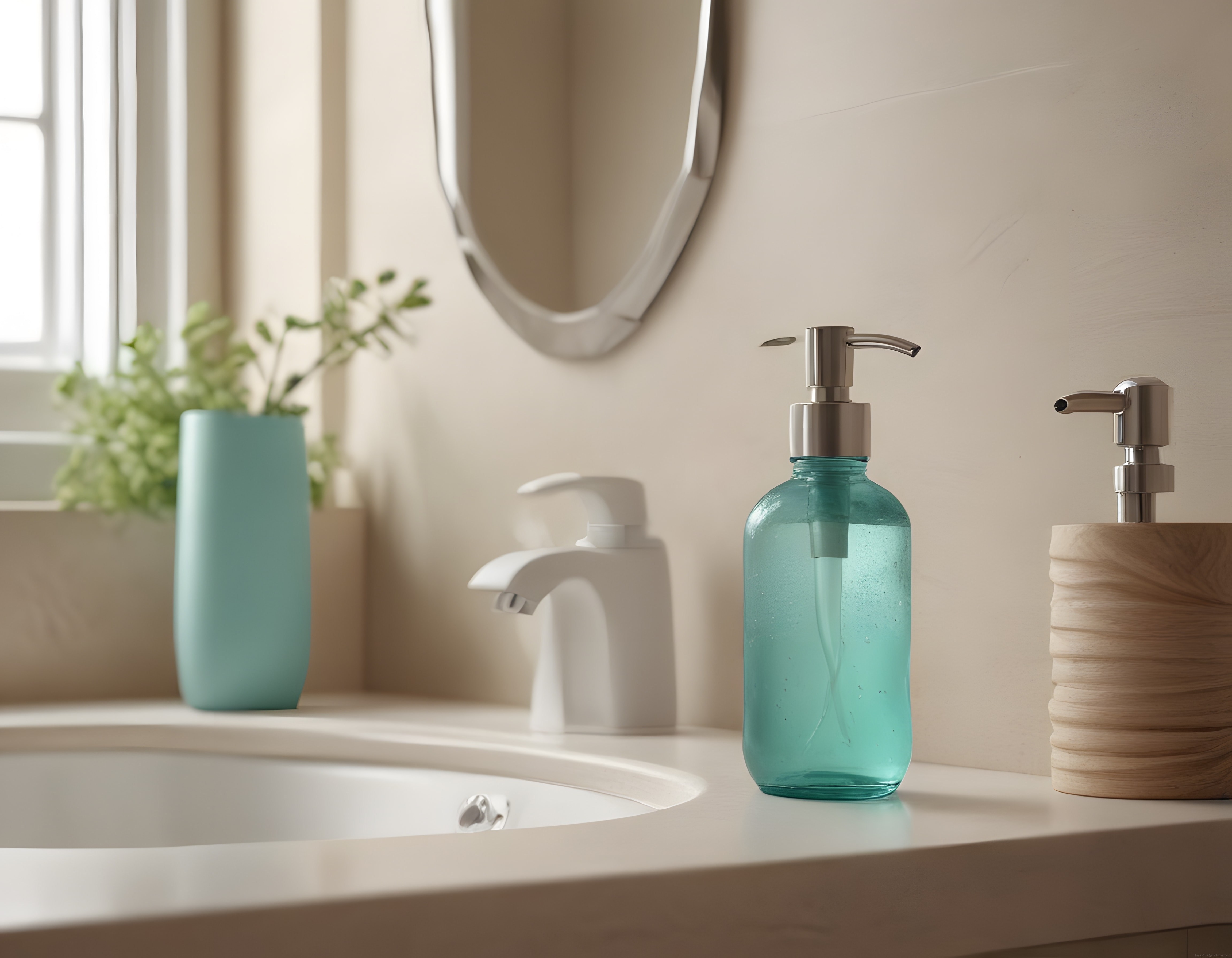 Aydınlık banyo lavabosu üzerinde modern aksesuarlar ve yeşil bitki dekorasyonu
