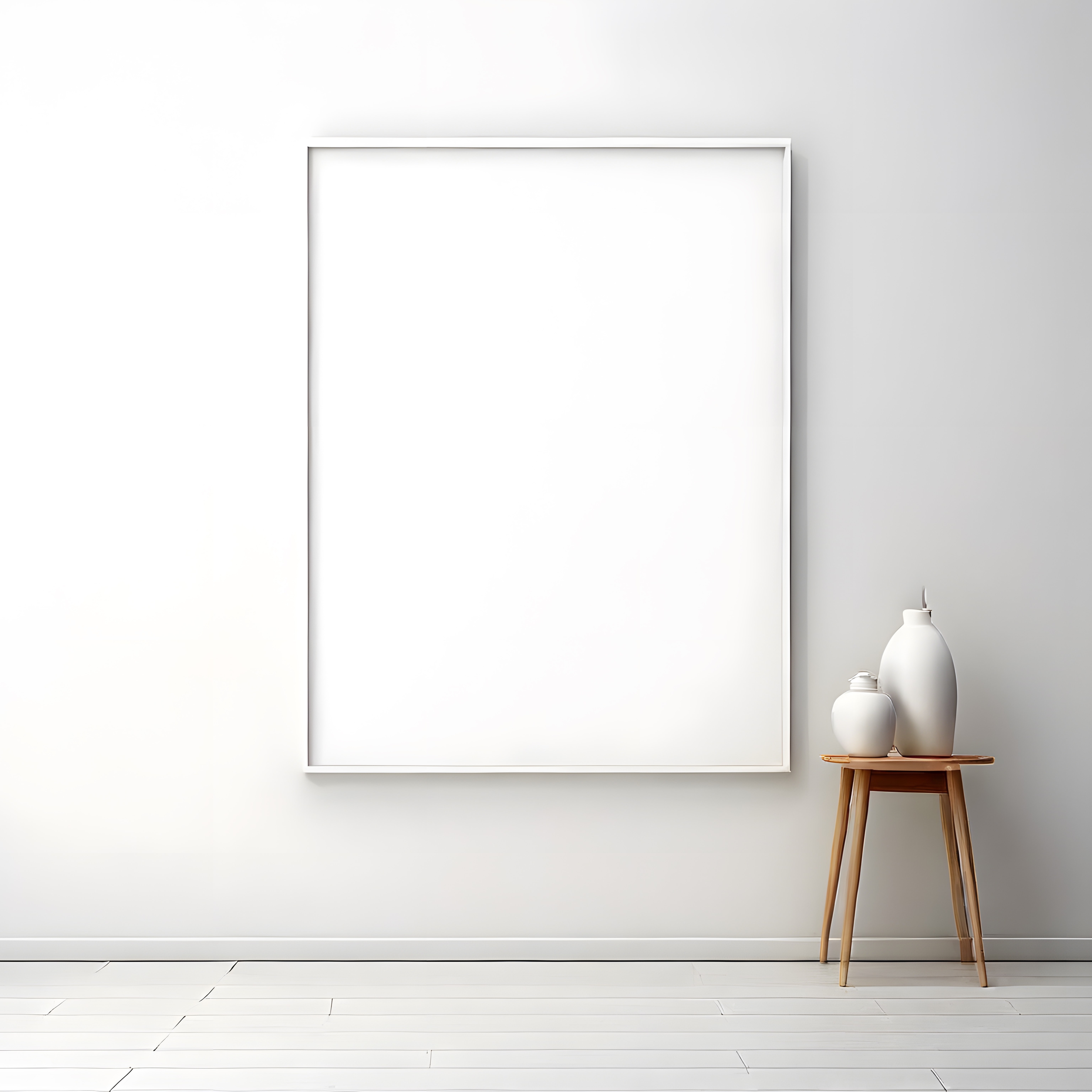 aydınlık minimalist odada beyaz duvar üzerinde boş çerçeve ve dekor vazolar