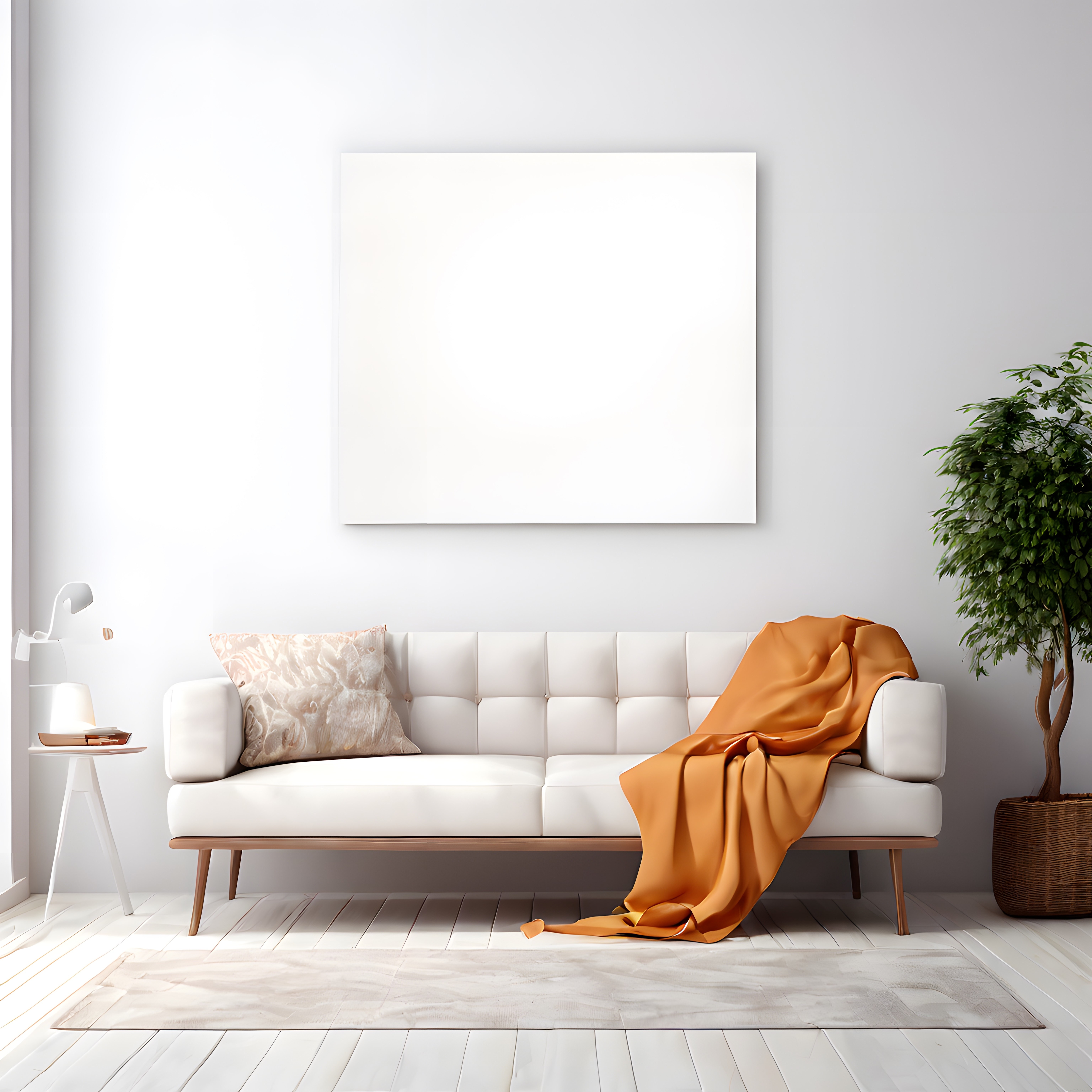 Aydınlık Minimalist Oturma Odası: Beyaz Kanepe, Turuncu Battaniye ve Boş Duvar Çerçevesi