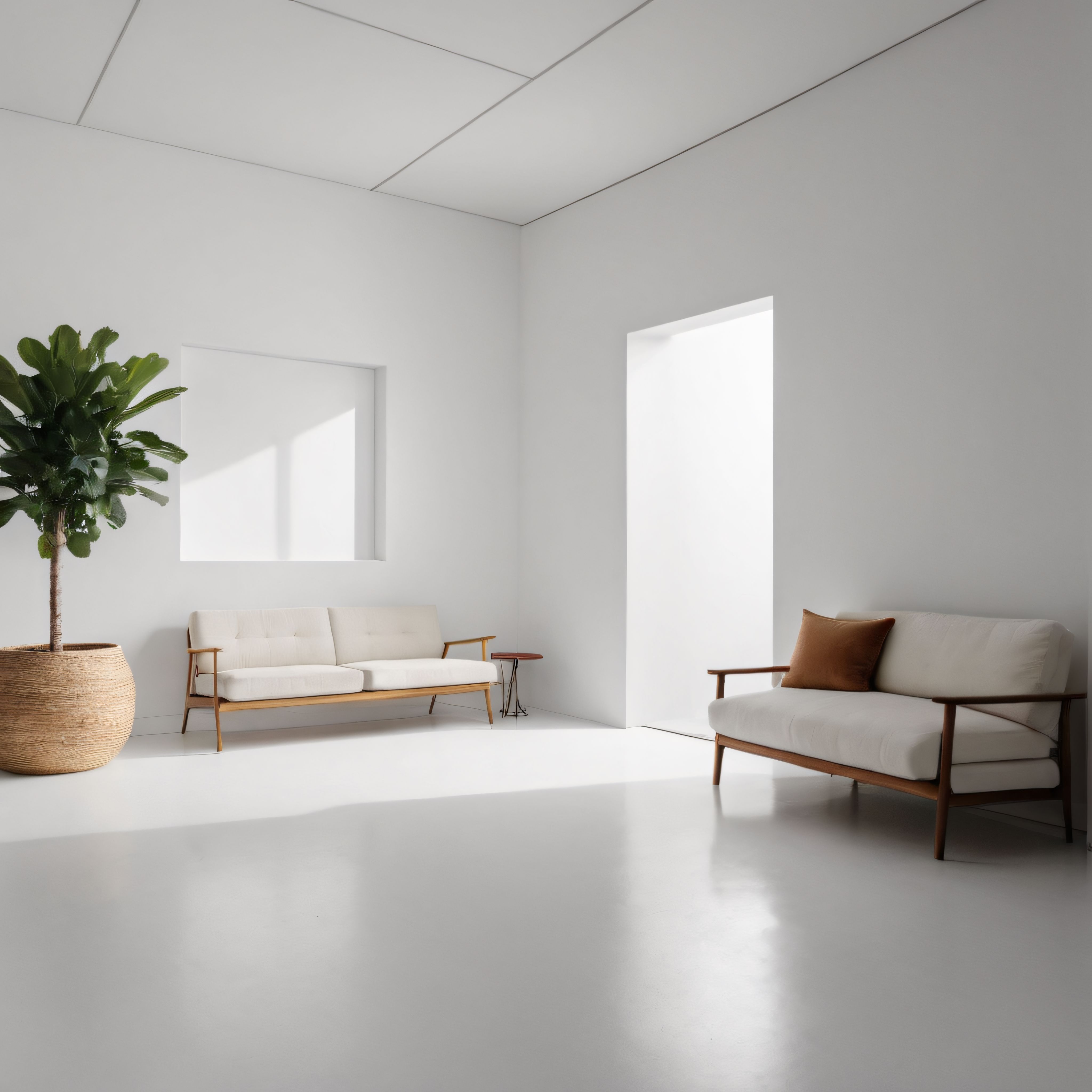 Aydınlık minimalist salon dekorasyonu, beyaz duvarlar ve doğal ahşap mobilyalar