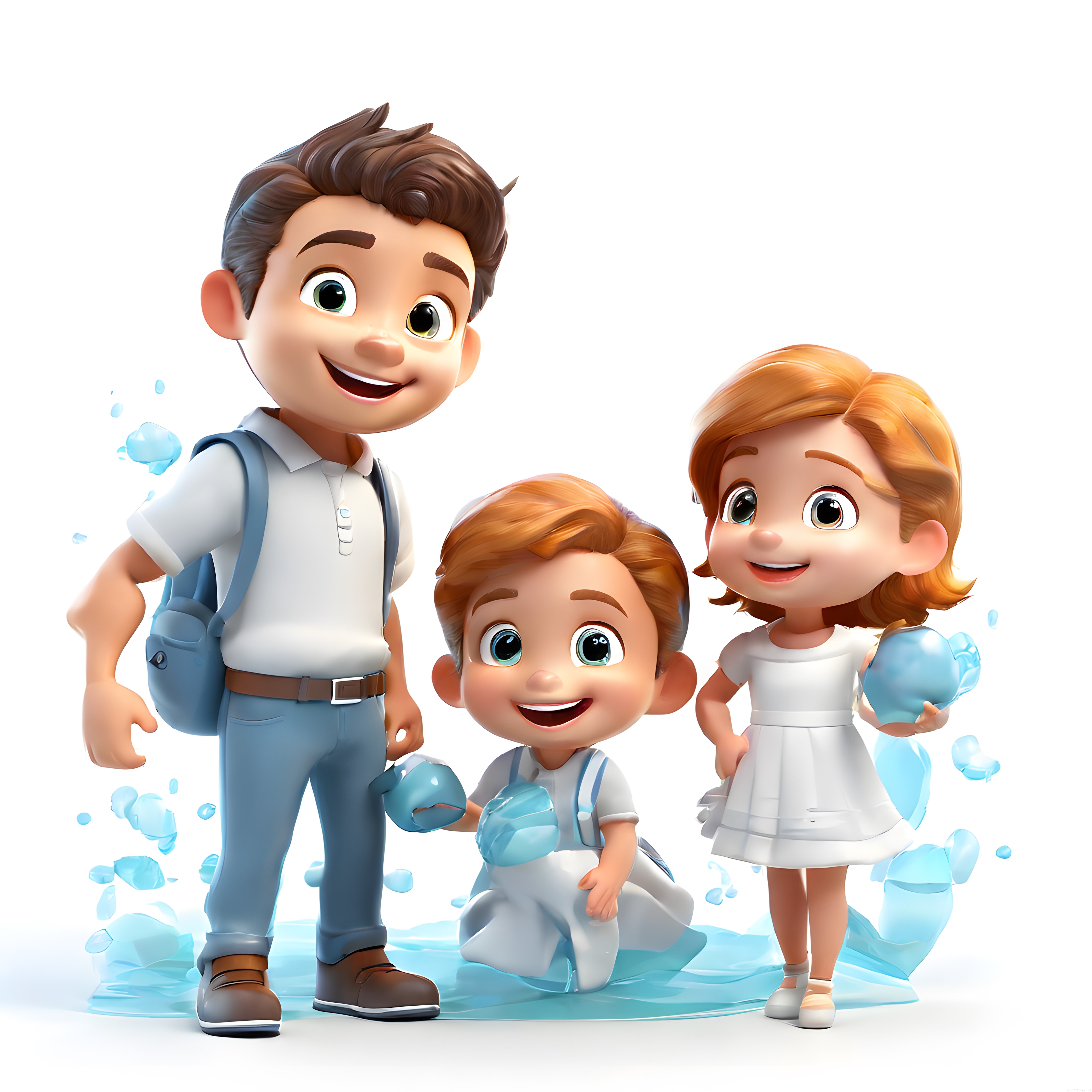 Baba ve iki çocuğun su balonlarıyla eğlenceli 3D animasyon yaz oyunu anıları