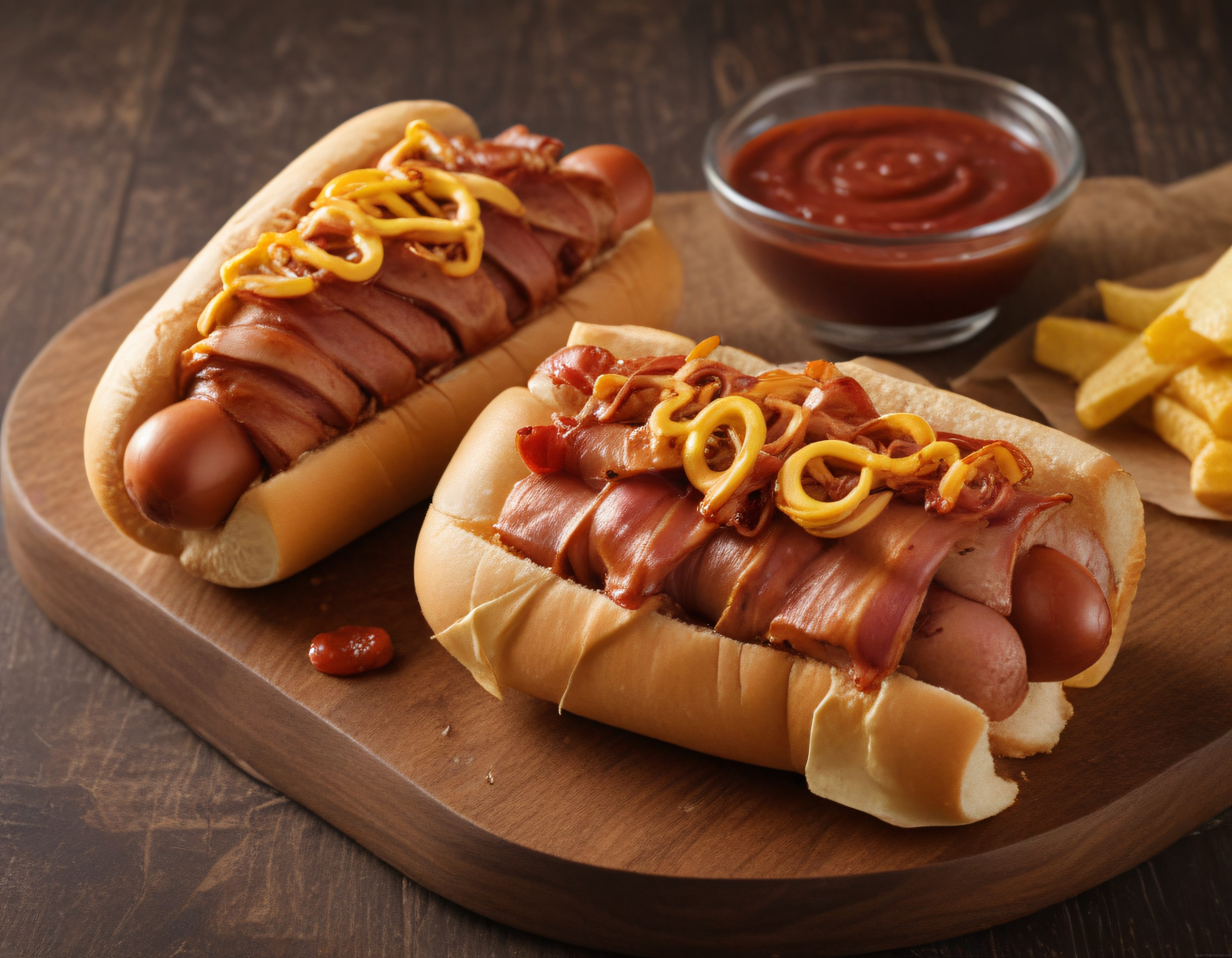 Bacon sarılı sosisli sandviç ve patates kızartması lezzetli sokak yemeği