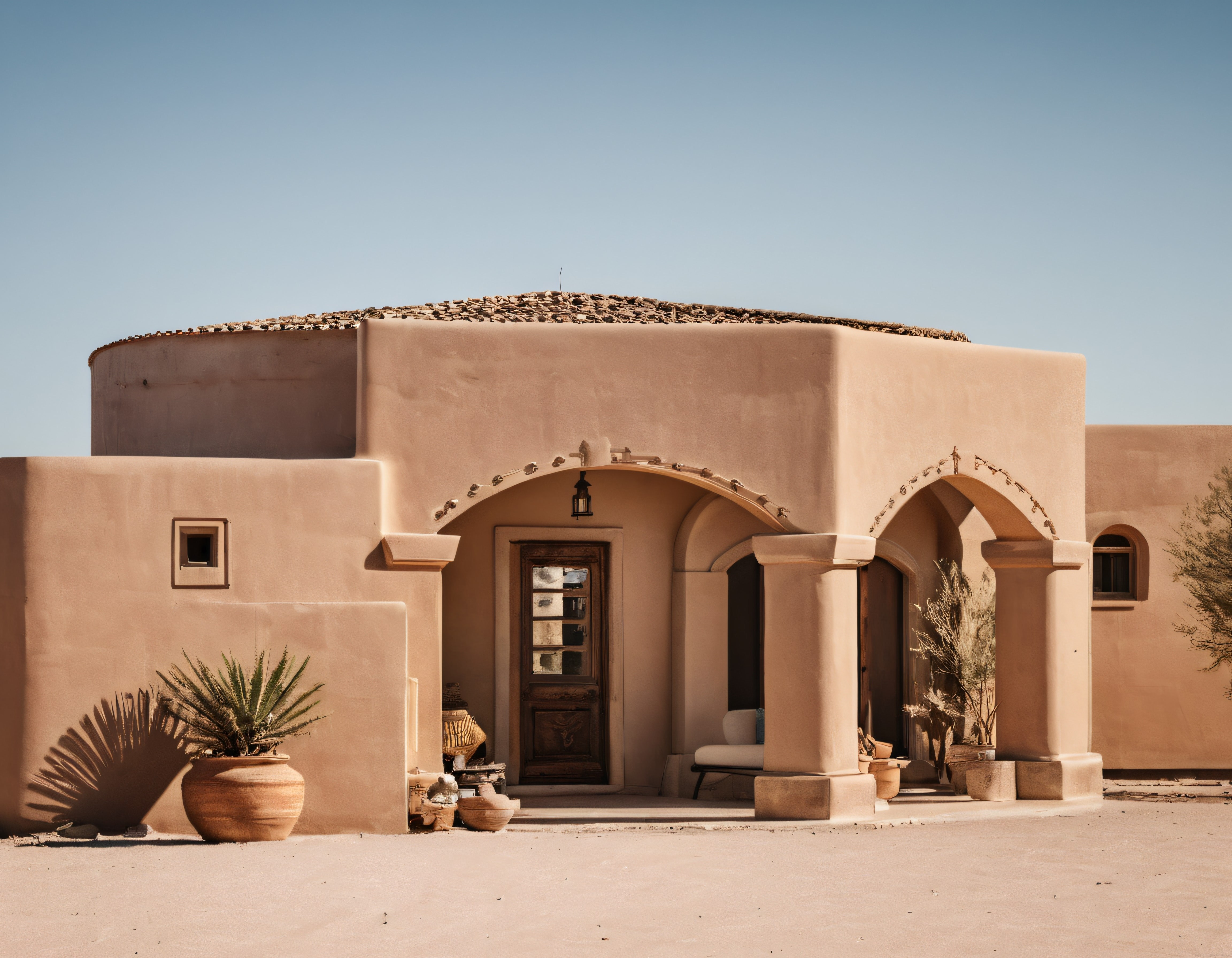 Badem rengi yuvarlak duvarları ve terracotta saksılarıyla çöl mimarisi