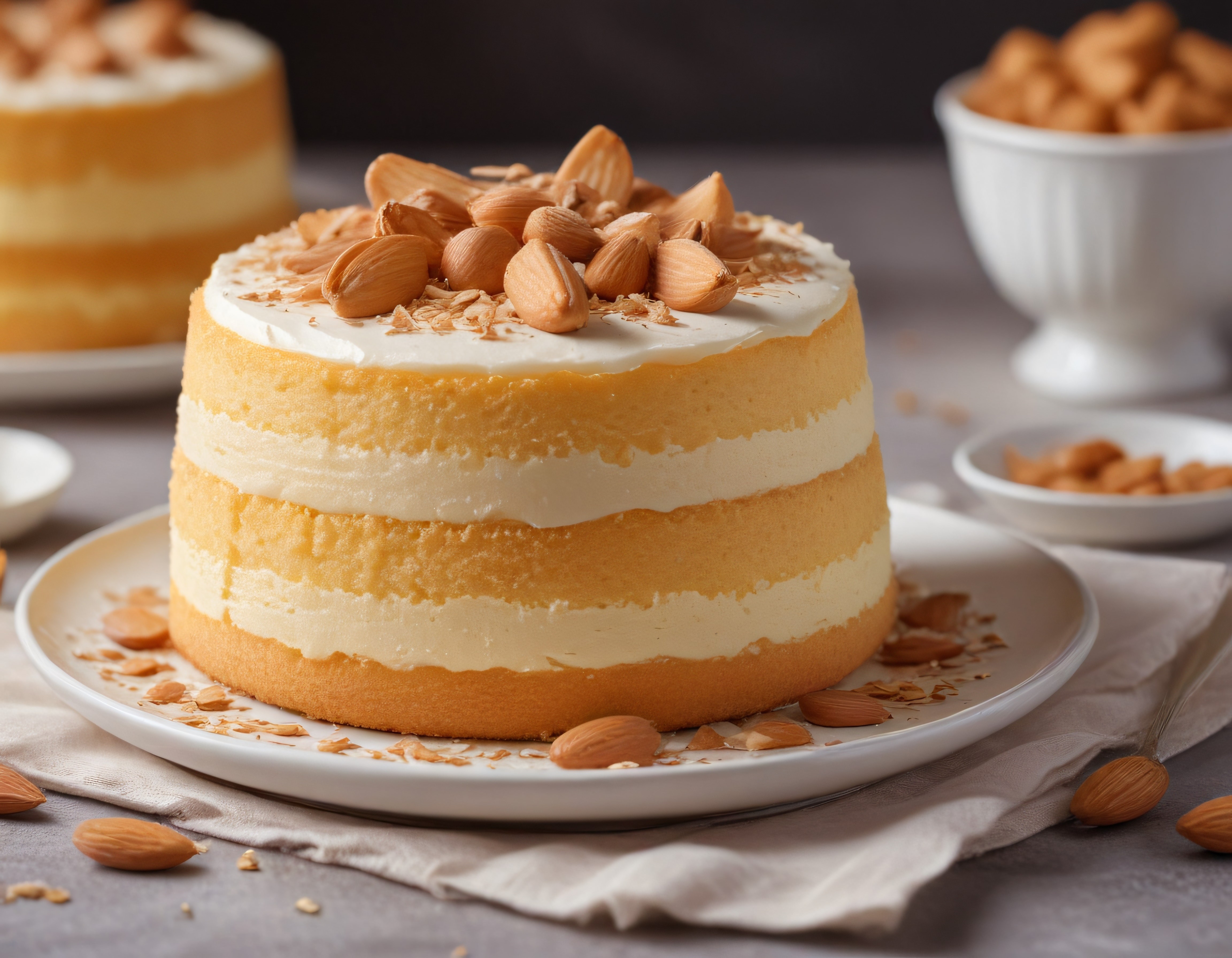 Bademli Katmanlı Pasta: Kremalı Yumuşak Kek ile Etkileyici Tatlı Sunumu