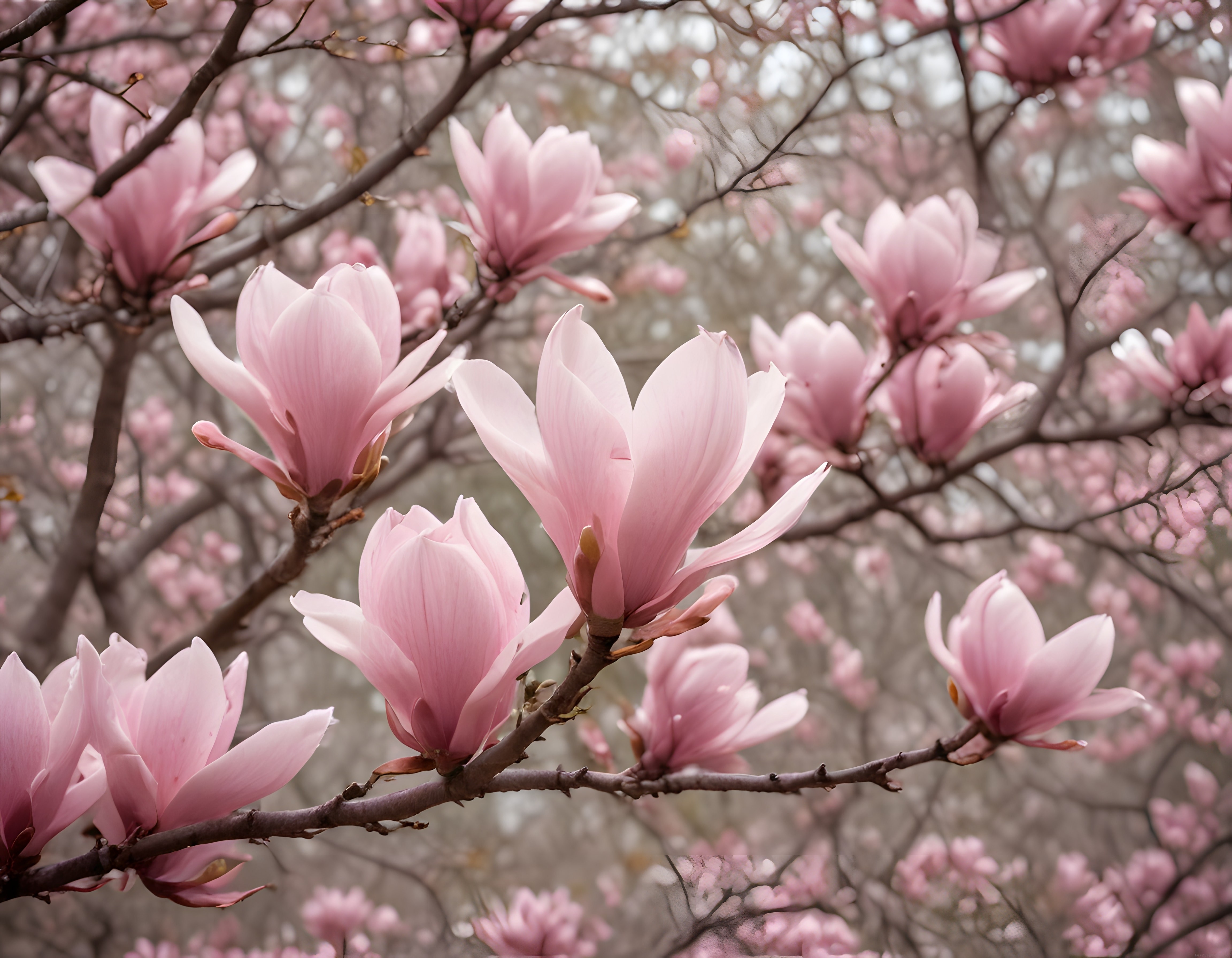 Bahar Esintisinde Dalında Açan Yumuşak Pembe Manolya Çiçekleri Fotoğrafı