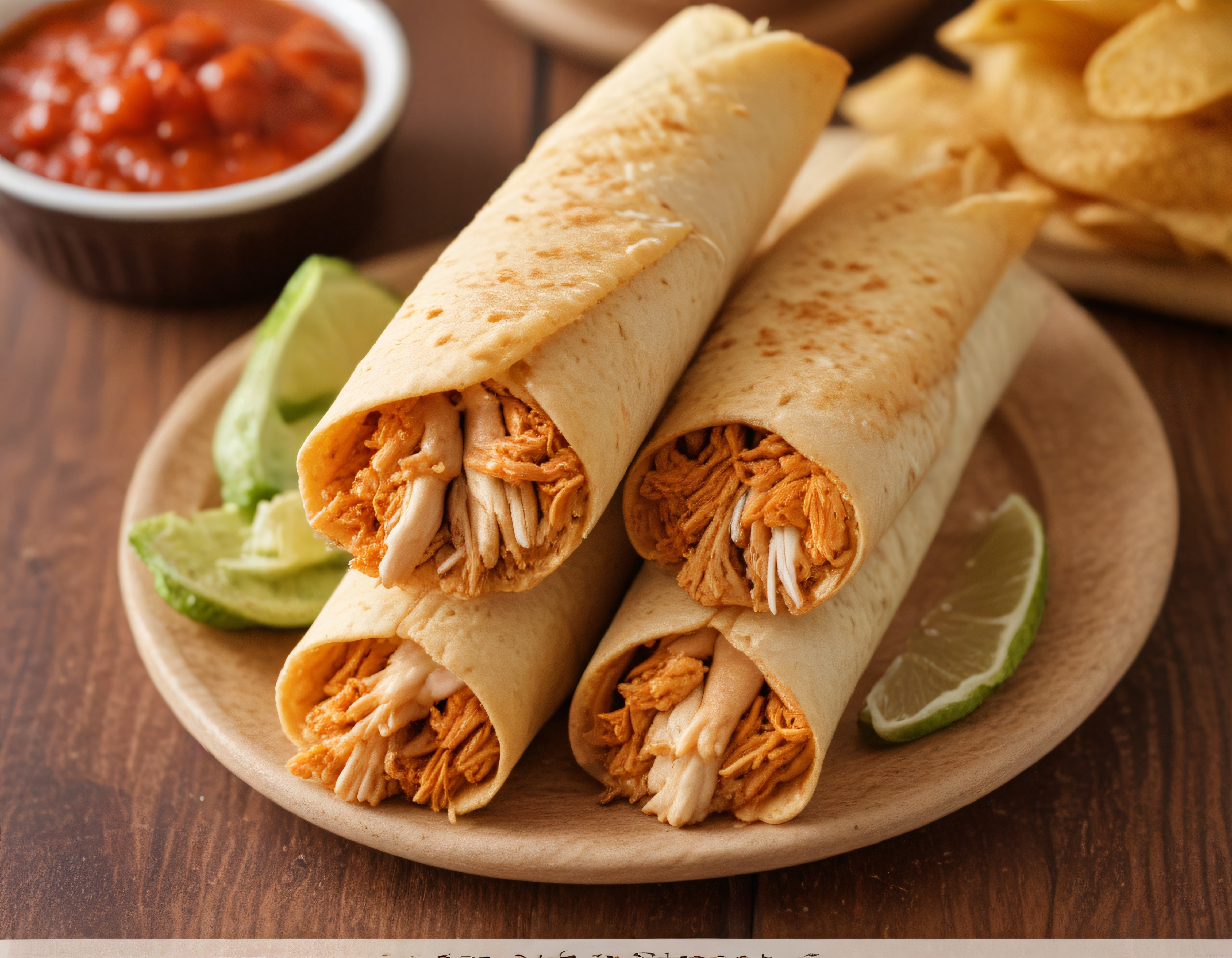 Baharatlı tavuklu flautas servisi lime ve salsa sos ile Meksika akşam yemeği