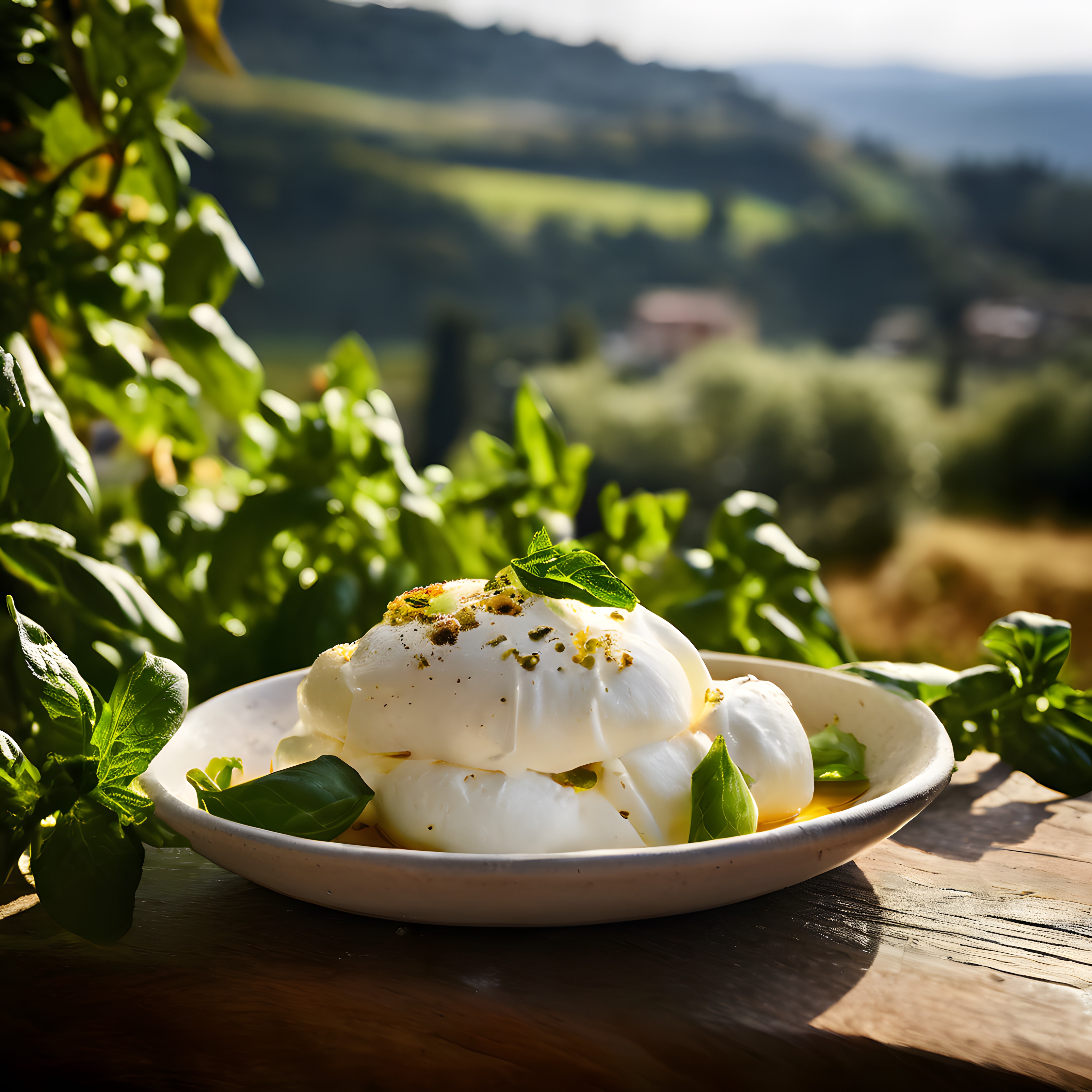 Bahçe Manzarası Eşliğinde Zeytinyağlı Burrata Peyniri ve Taze Fesleğen
