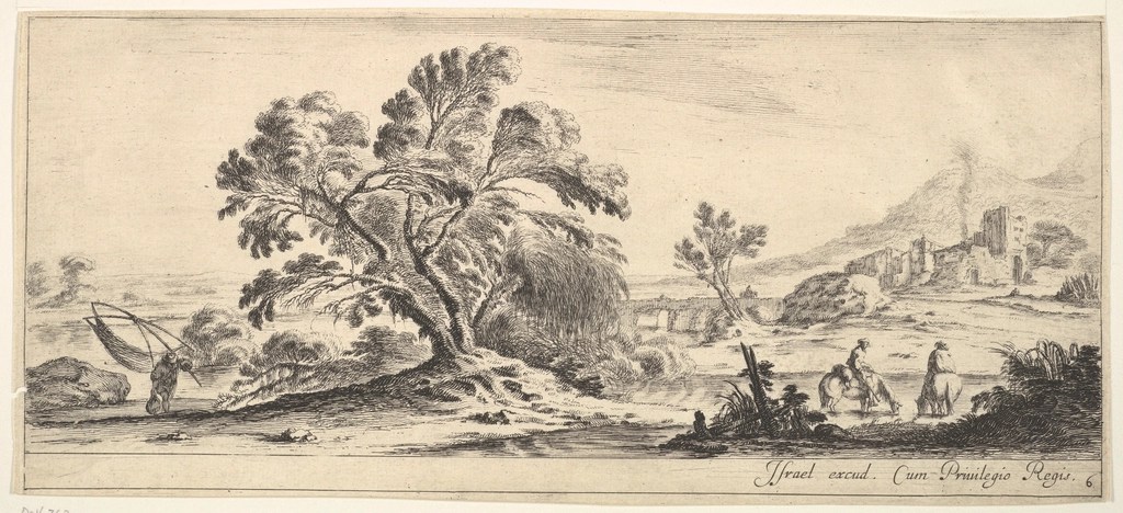 Bakır Kazıma Tekniğiyle İşlenmiş Pastoral Nehir ve Kırsal Manzara Gravürü