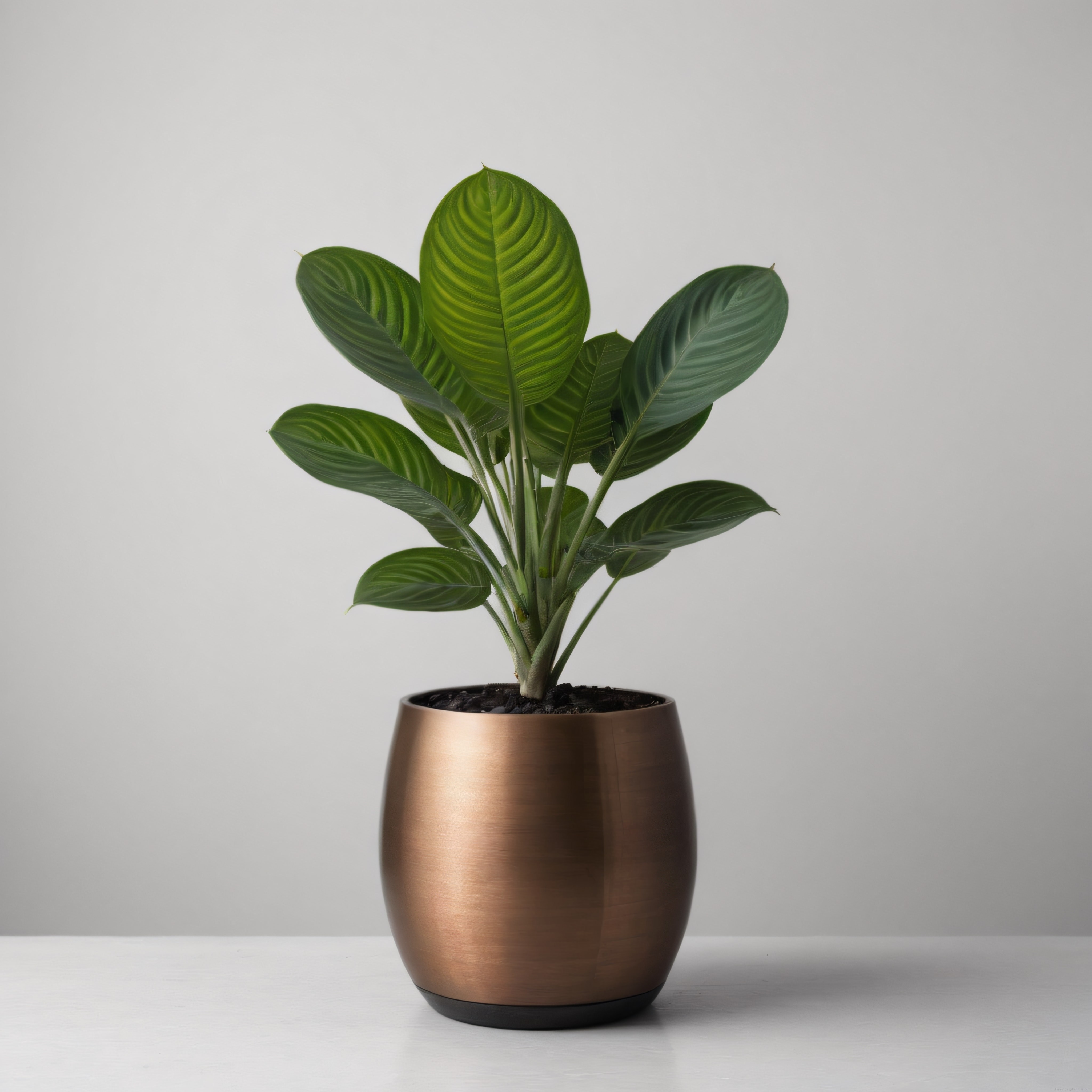Bakır saksıda calathea bitkisi ile sade ve modern iç mekan dekorasyonu