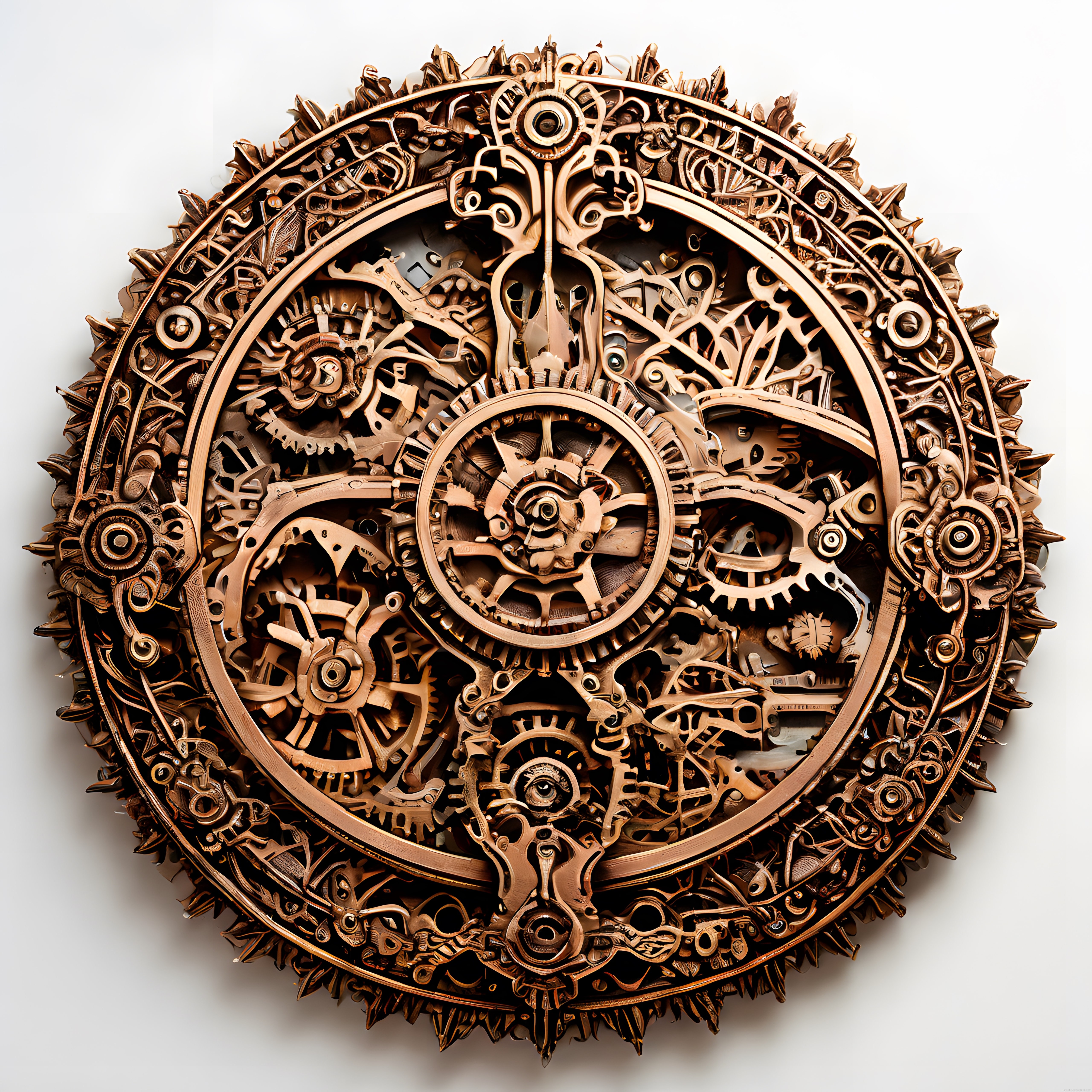 Bakır tonlarında steampunk stili karmaşık çarklardan oluşan duvar dekorasyonu