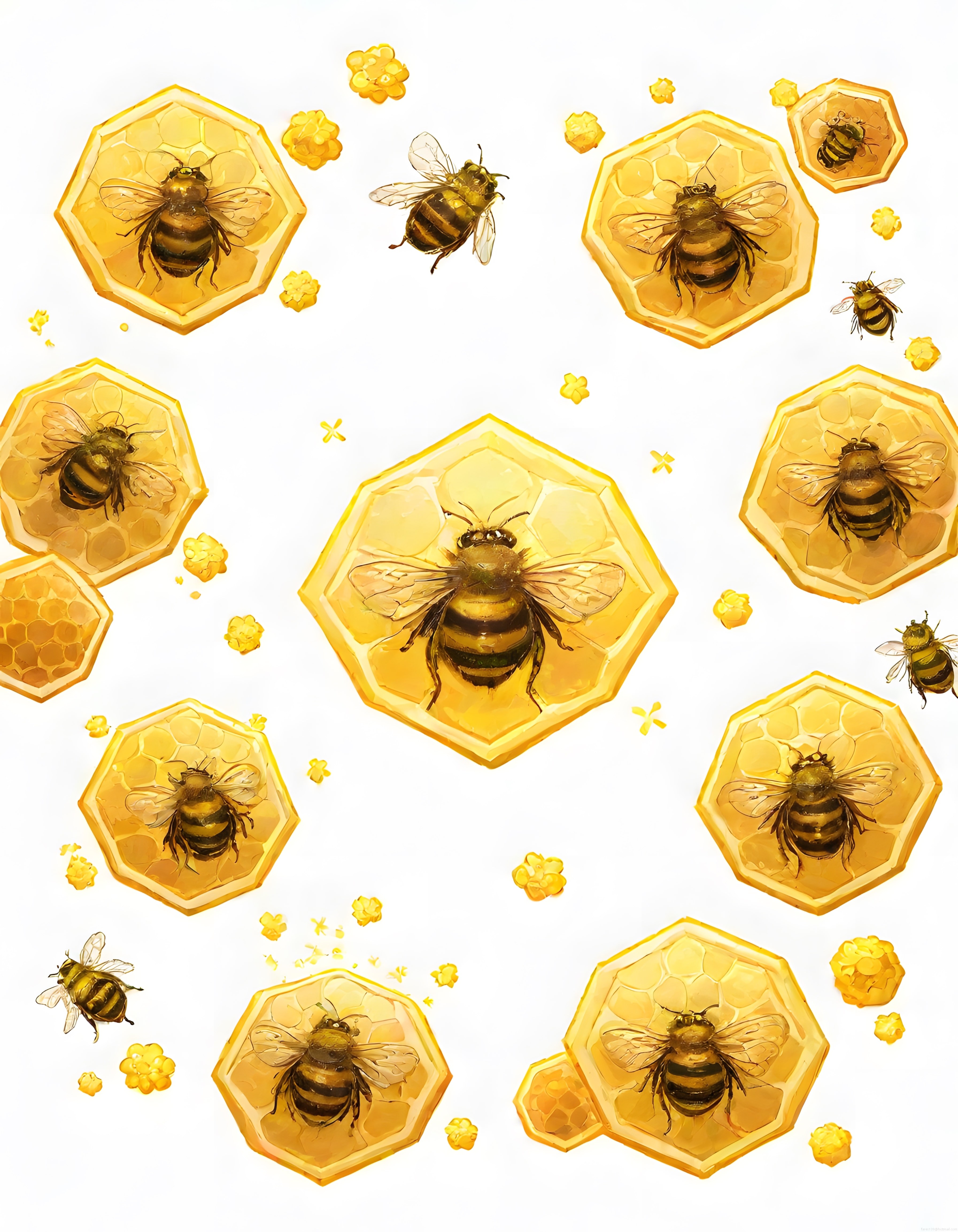 Bal Arıları ve Altıgen Peteklerden Oluşan Sevimli Dijital Desen ve İllüstrasyon
