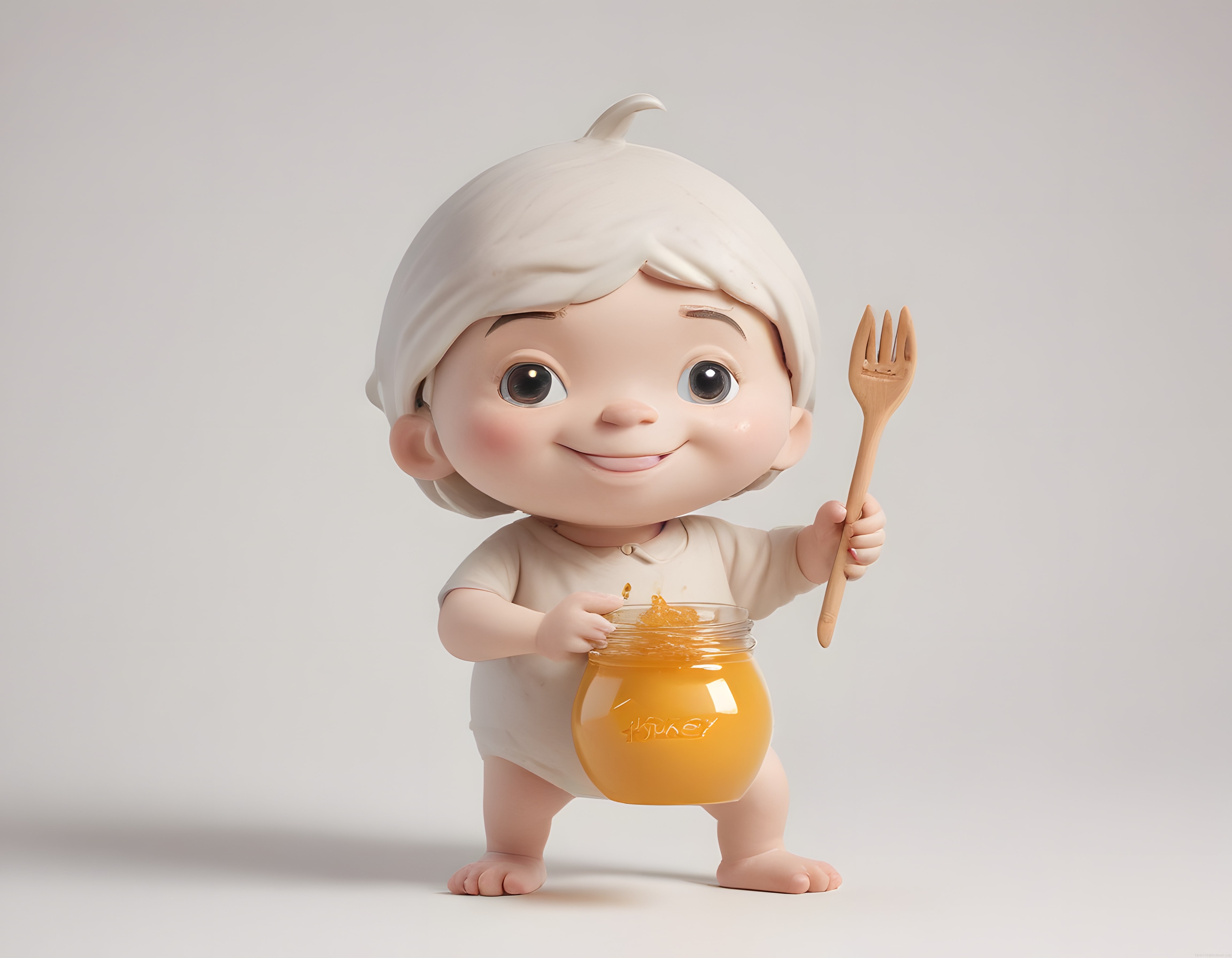 Bal Kavanozu ve Ahşap Çatal Tutan Masum 3D Animasyon Bebek Karakteri