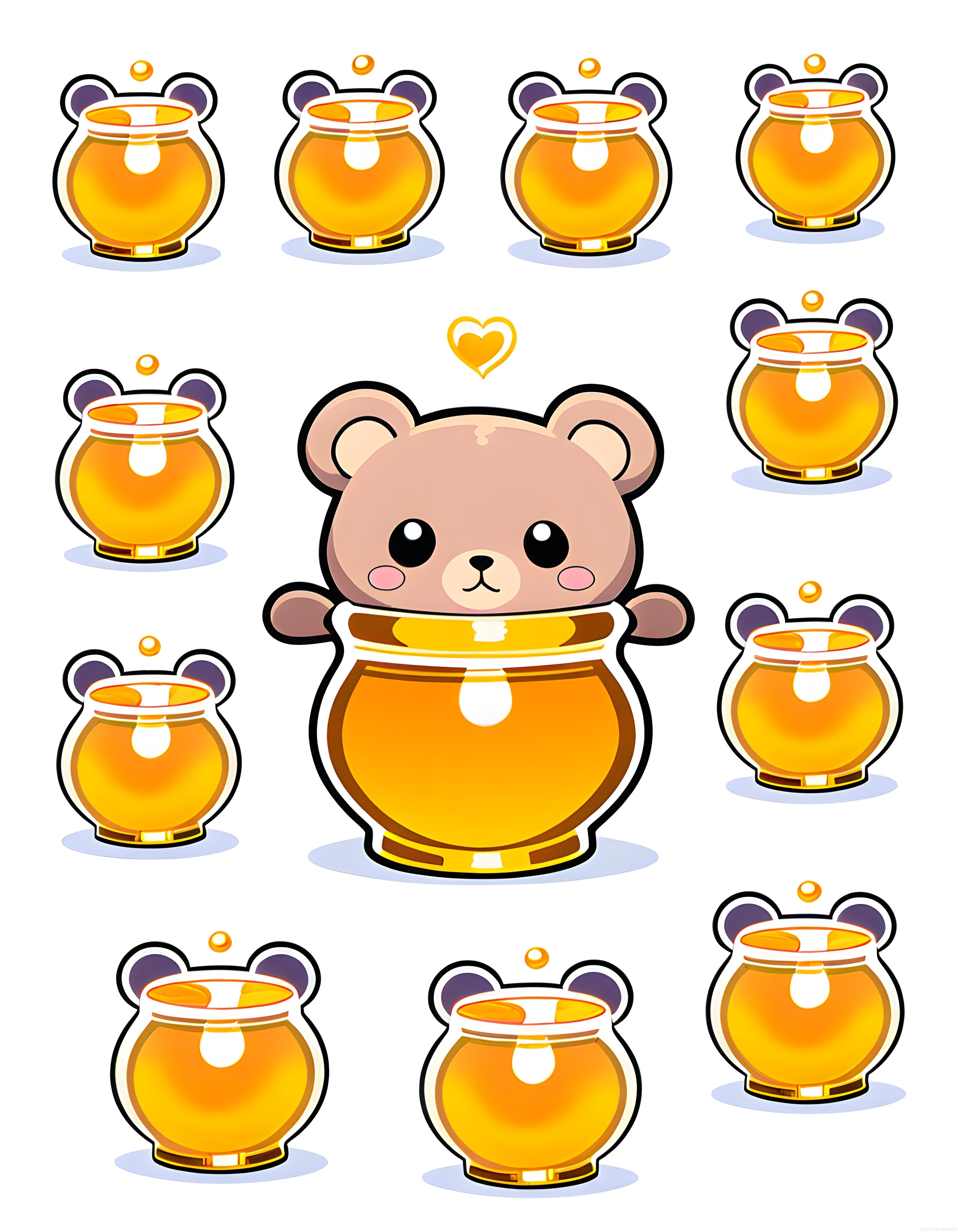 Bal Kavanozunda Sevimli Ayı ve Mini Kavanozlar Vektörel Sticker Seti