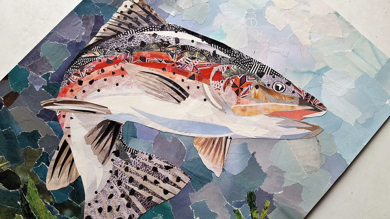 Balık temalı renkli kağıt kolajı - doğa sanat eseri