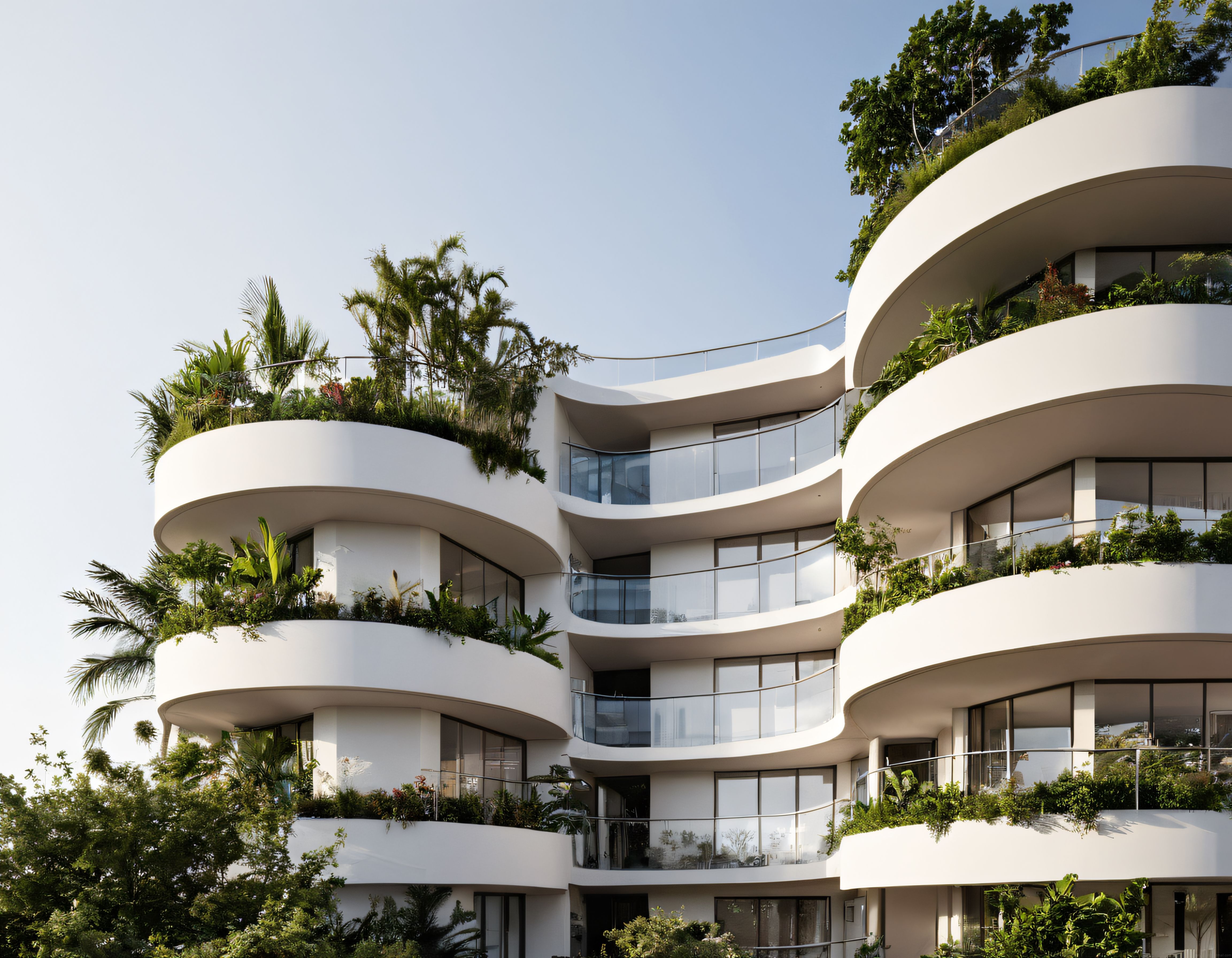 Balkonlarında dikey bahçeler barındıran kıvrımlı hatlı modern apartman binası