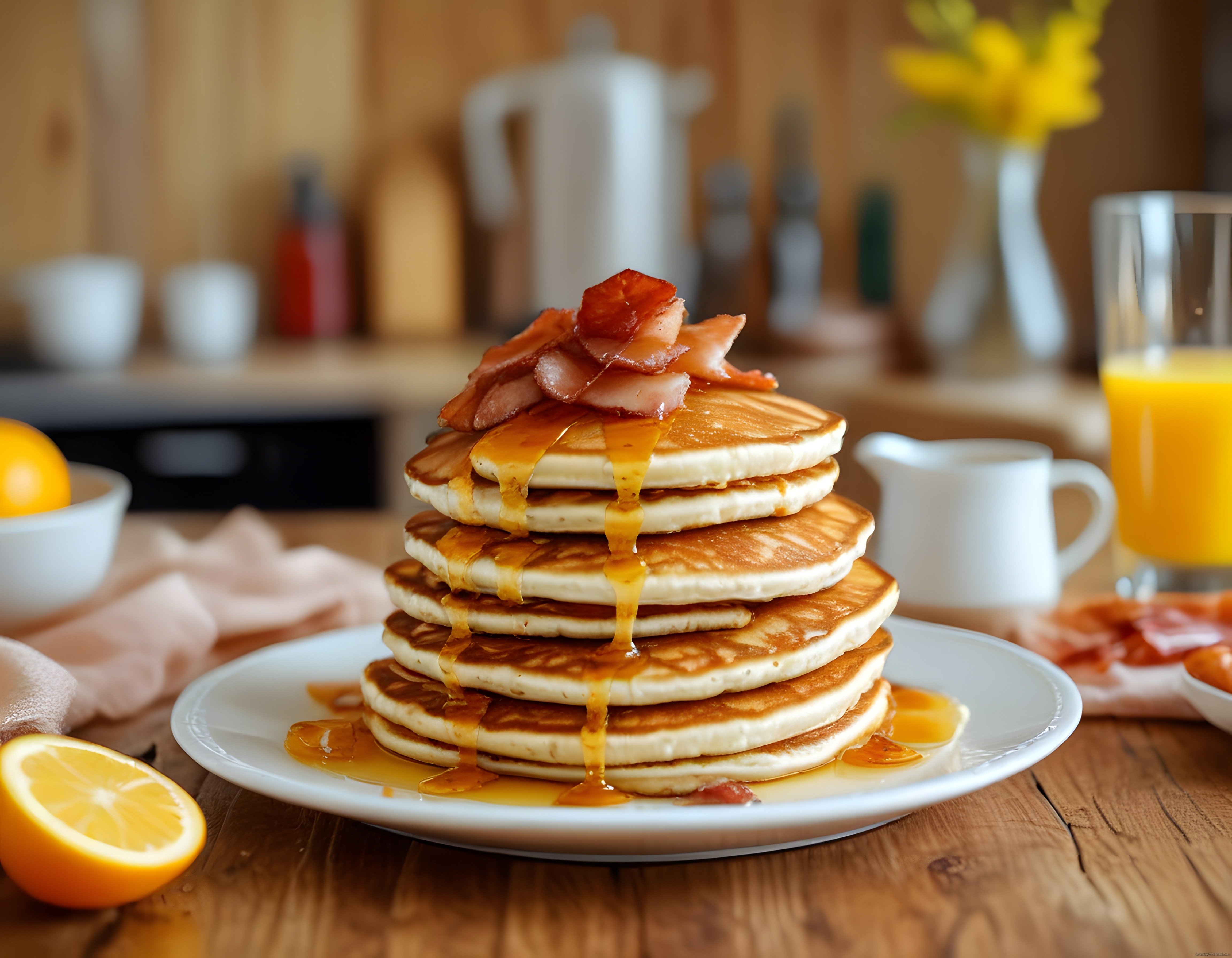 Ballı Şurup Dökülmüş Baconlu Pancake Kulesiyle Enfes Kahvaltı Sunumu