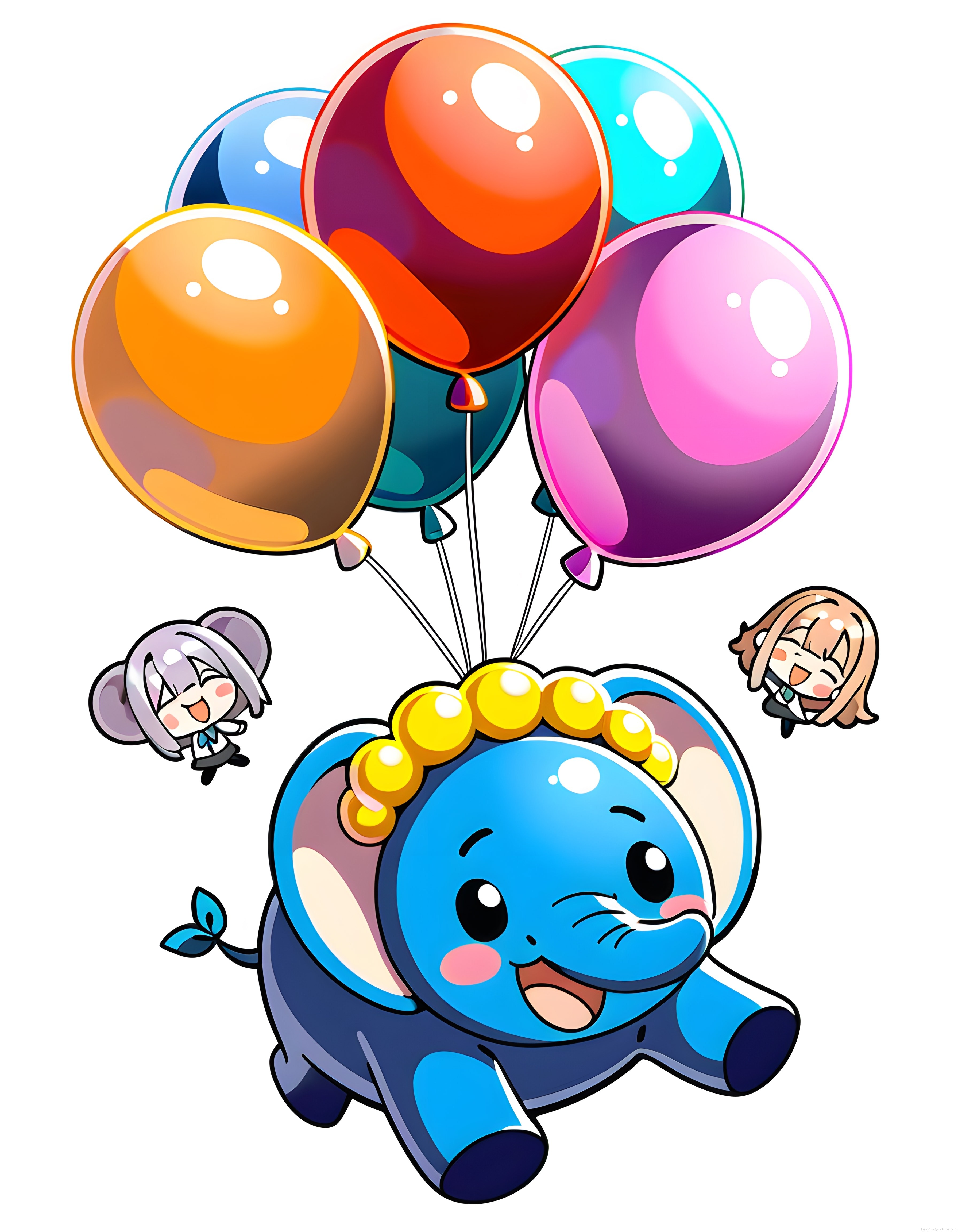 Balonlarla Gökyüzüne Uçan Sevimli Mavi Karakter ve Chibi Dostları