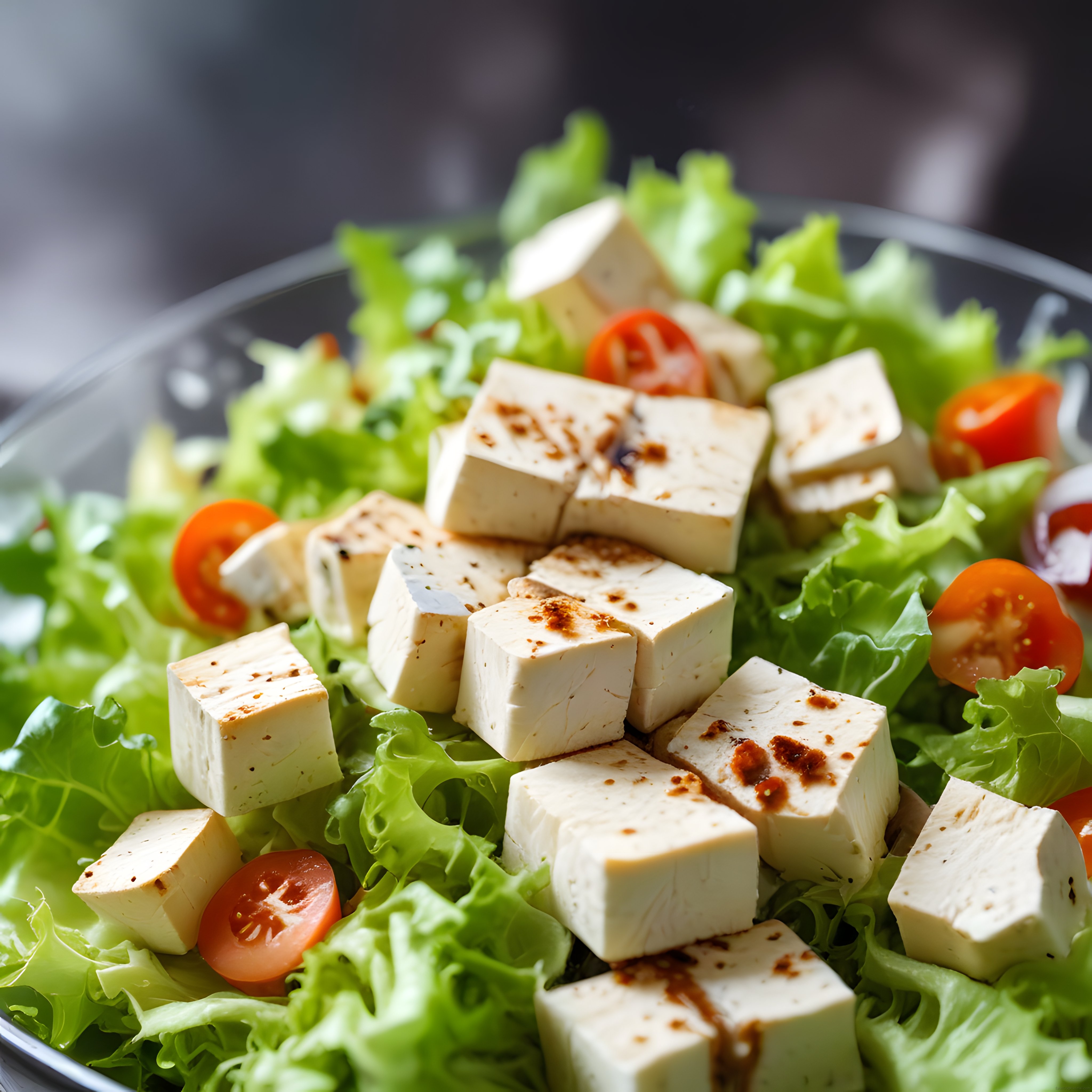 balsamik soslu tofu parçacıklarıyla zenginleştirilmiş taze yeşil salata