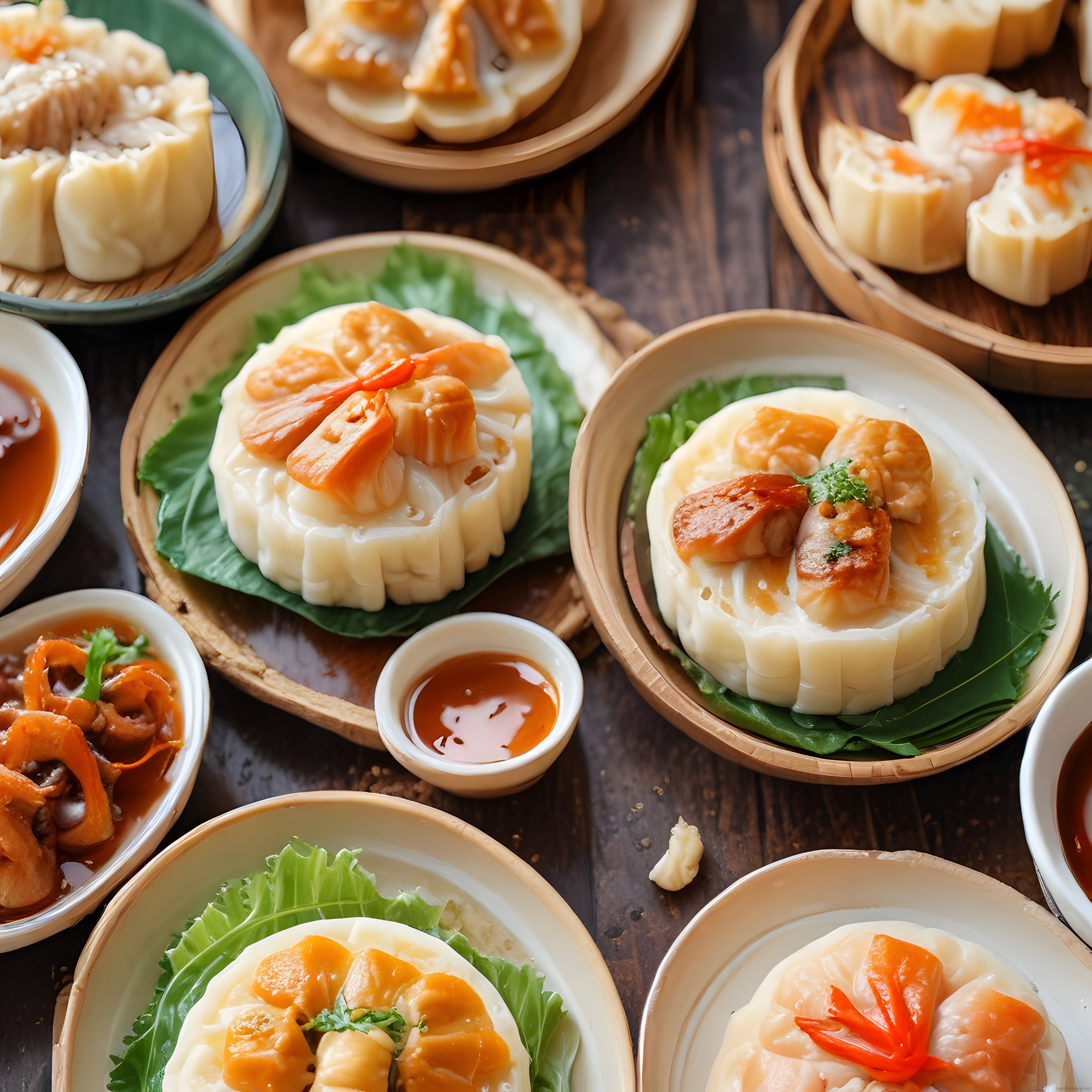 Bambu Buhar Kabında Karidesli Dim Sum Mantı ve Özel Sos Sunumu