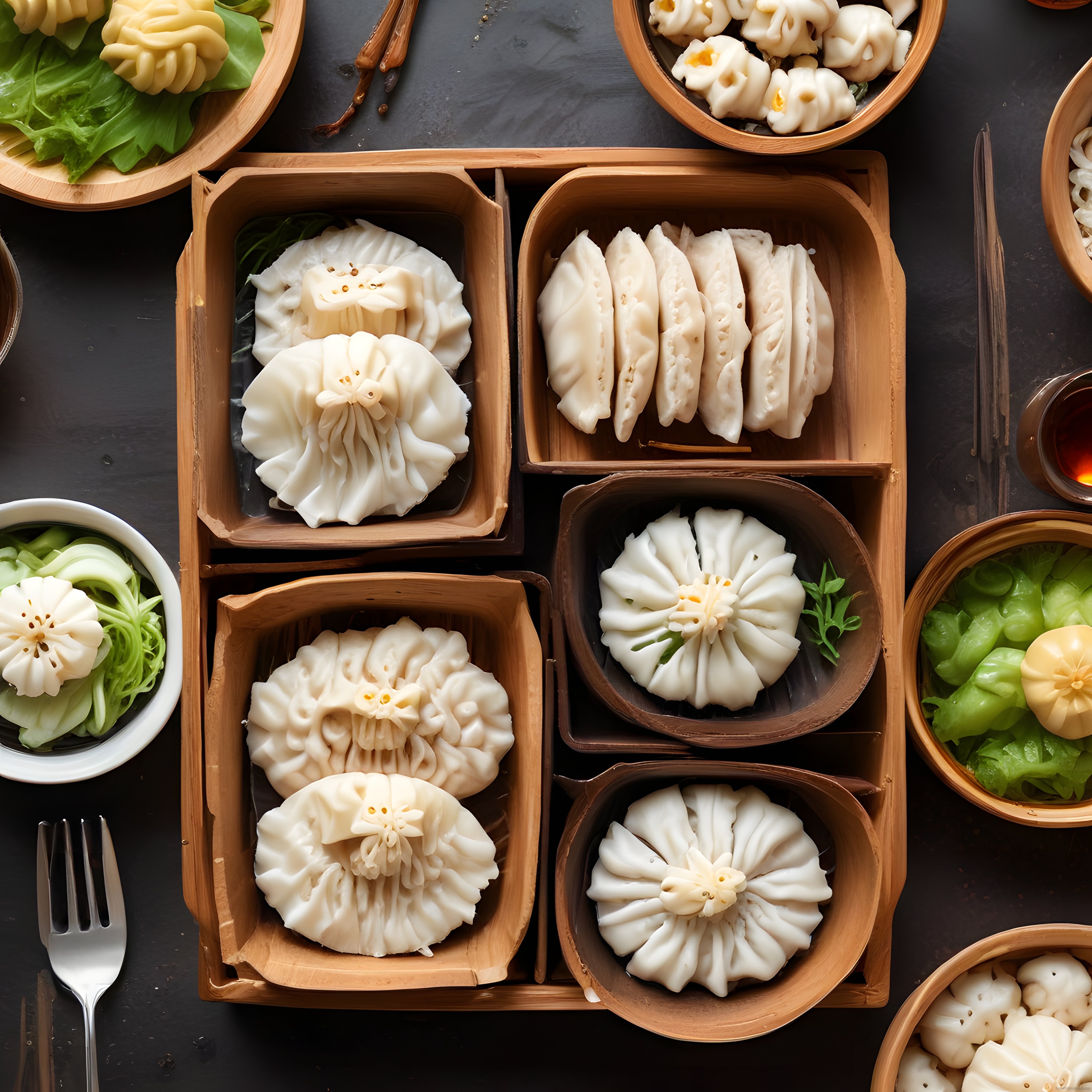Bambu buhar kaplarında sunulan geleneksel Çin dim sum ve mantı çeşitleri