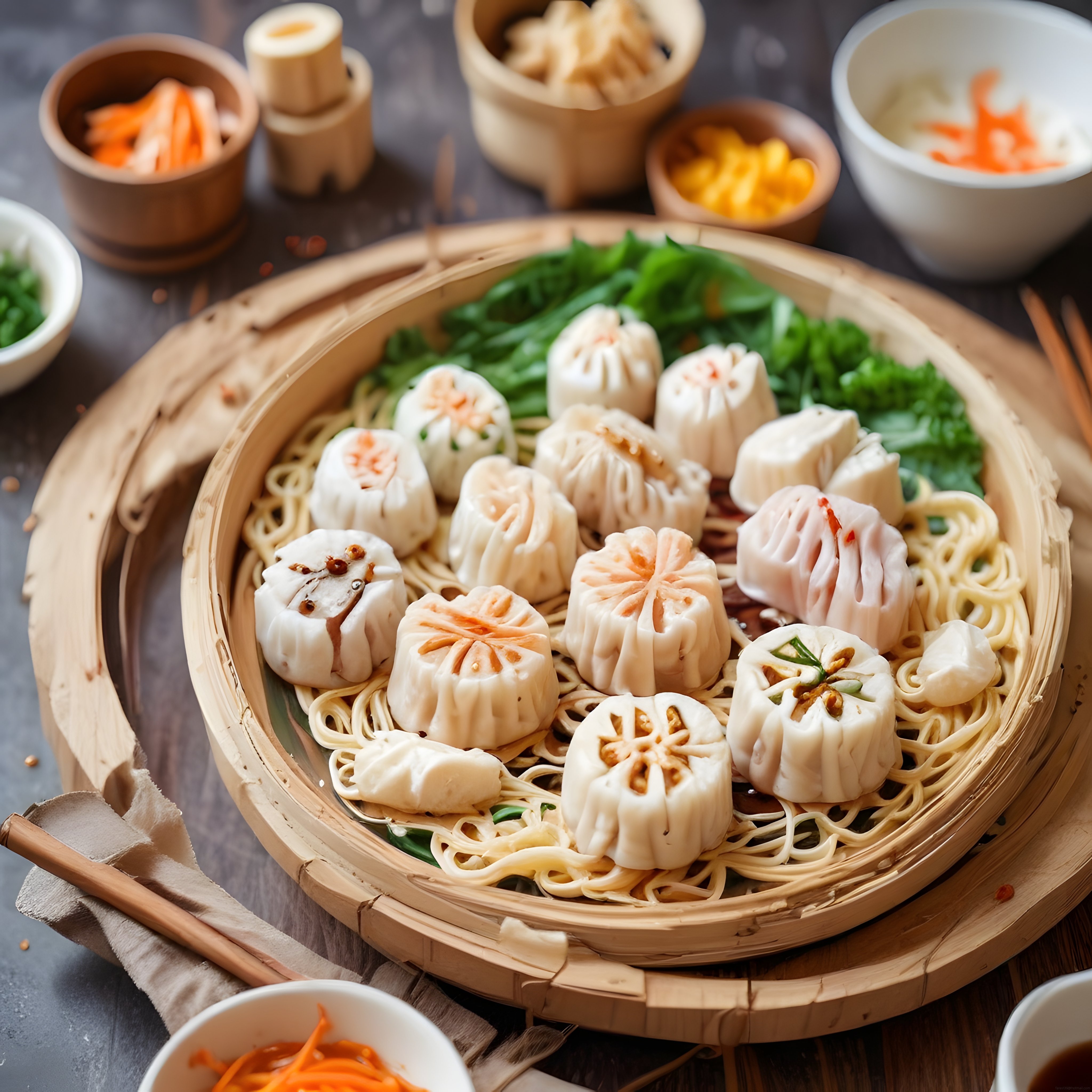 Bambu buhar sepetinde çeşitli Çin dim sum mantıları ve noodle sunumu