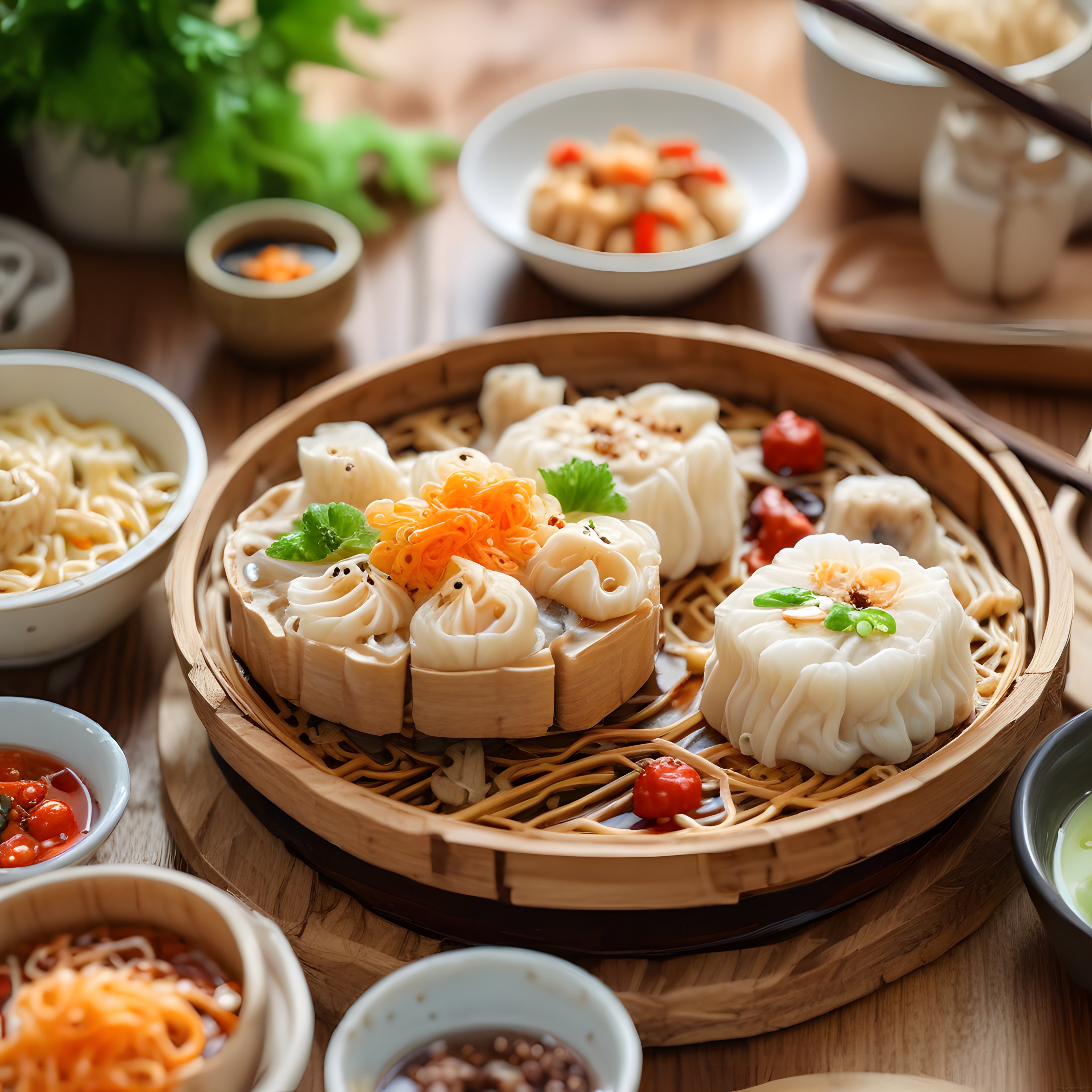 Bambu Buhar Sepetinde Geleneksel Dim Sum ve Asya Lezzetleri Sunumu