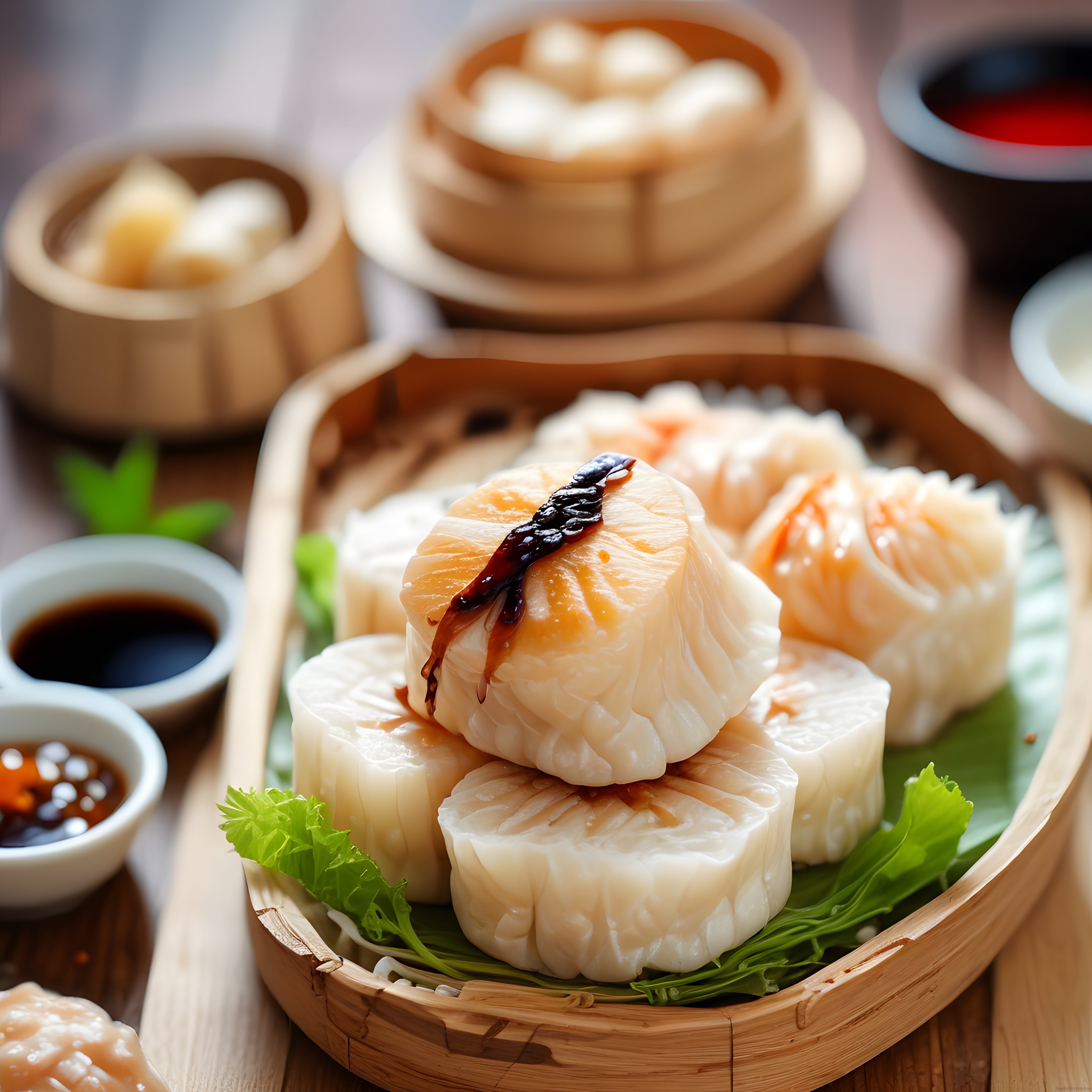 Bambu buhar sepetinde karidesli dim sum mantı ve asya sosları yakın çekim