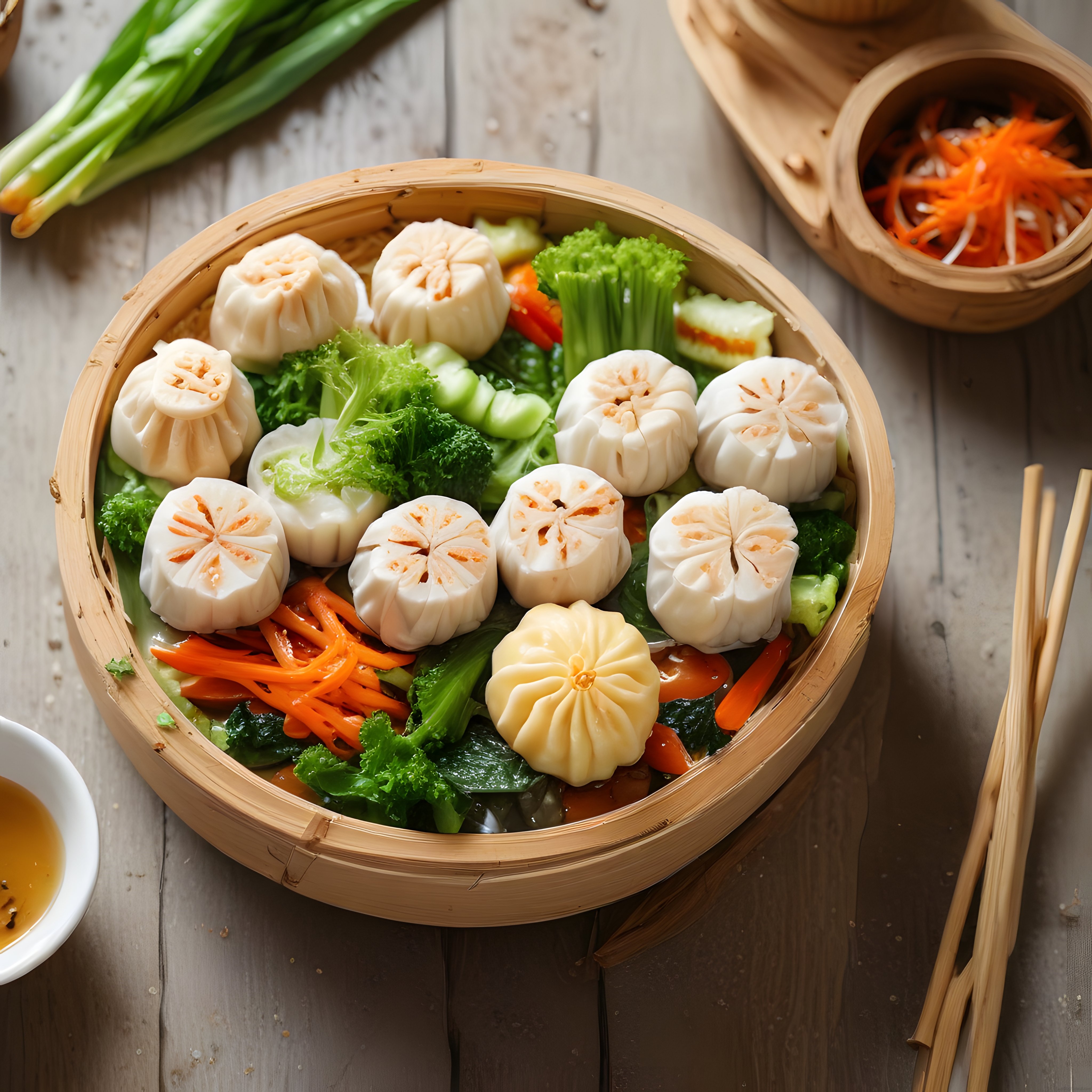 Bambu Buhar Sepetinde Renkli Sebzelerle Sunulan Taze Dim Sum Mantıları