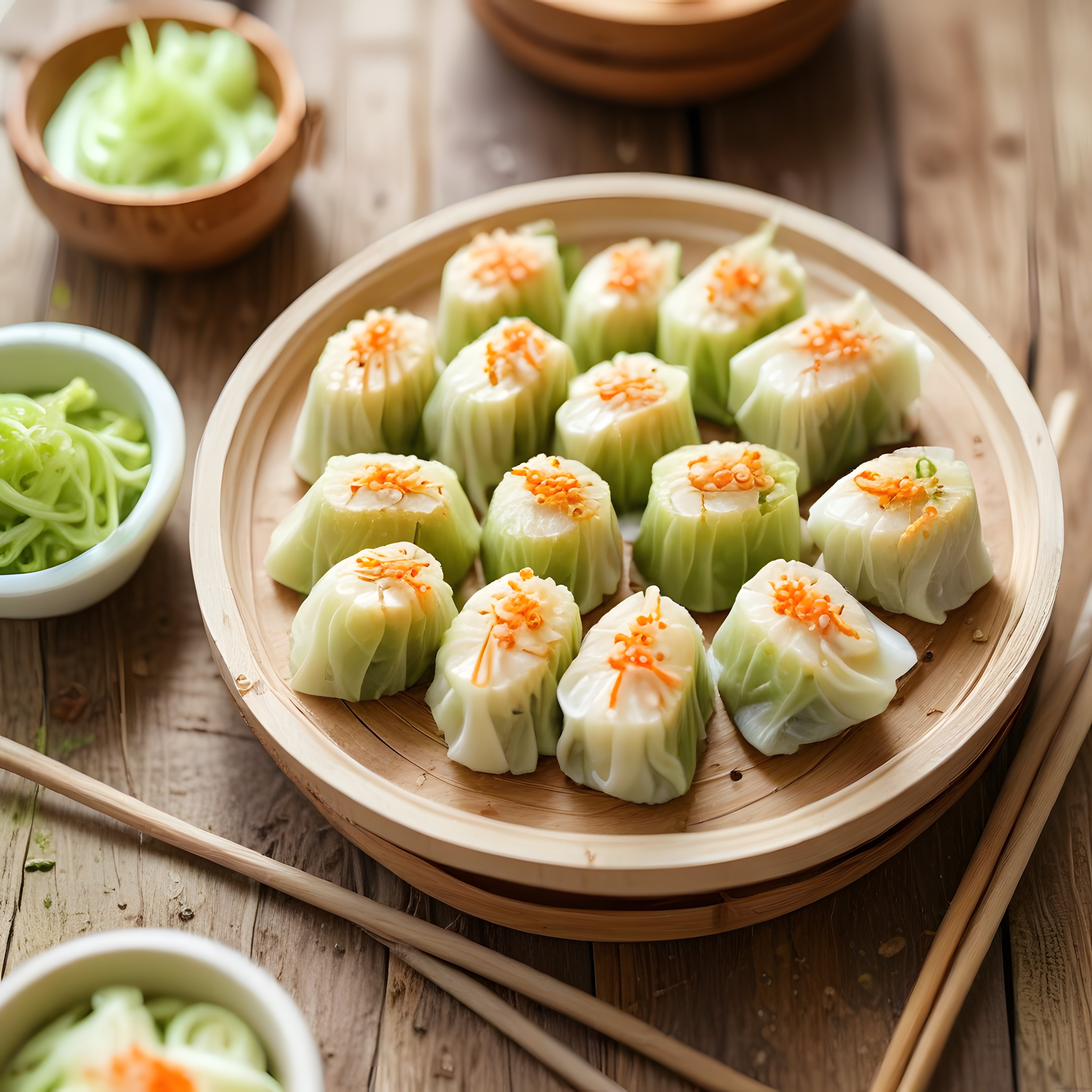 Bambu buhar sepetinde sebzeli dim sum mantıları ve geleneksel Asya sunumu