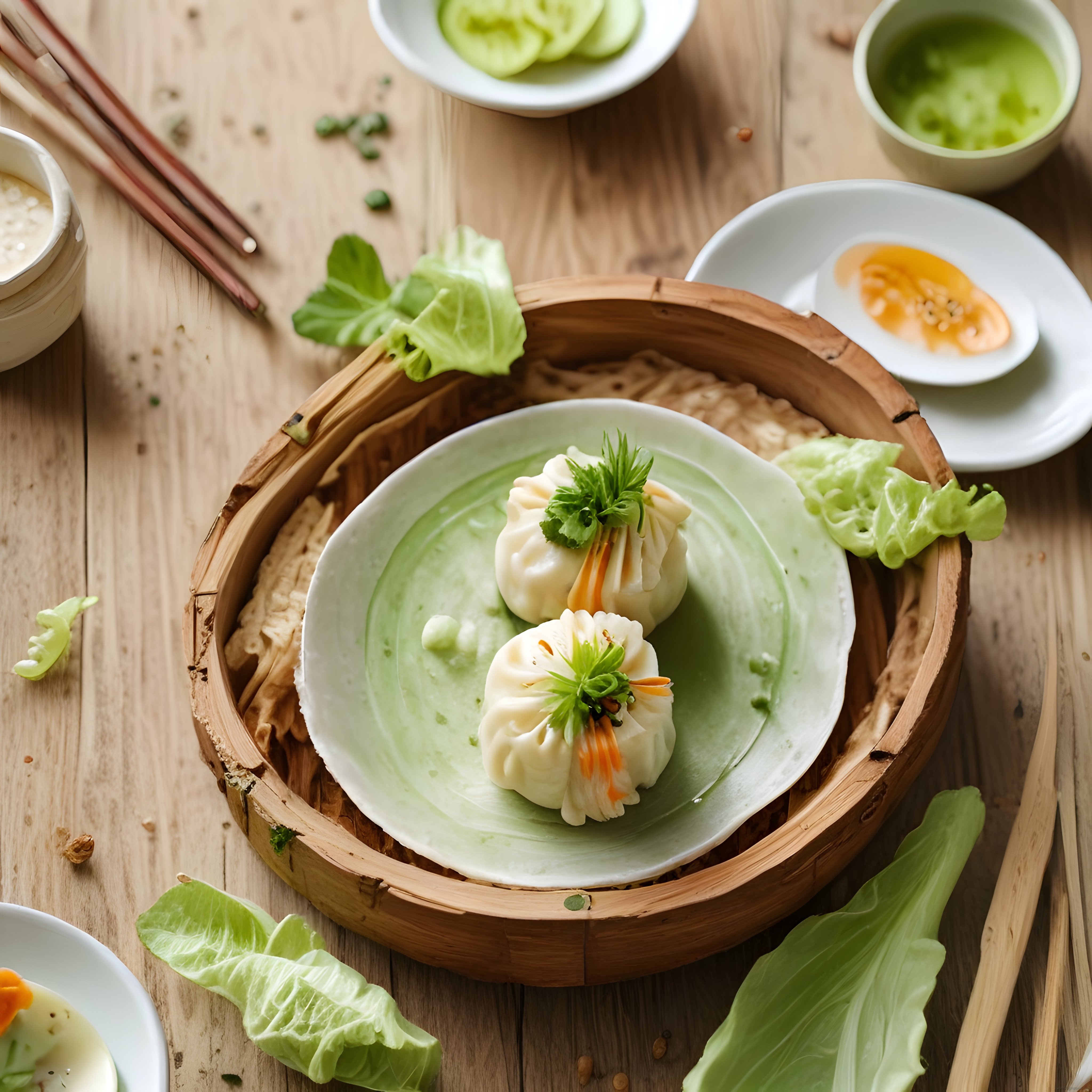 Bambu Buhar Sepetinde Sunulan Dim Sum ve Uzakdoğu Mutfağı Detayı