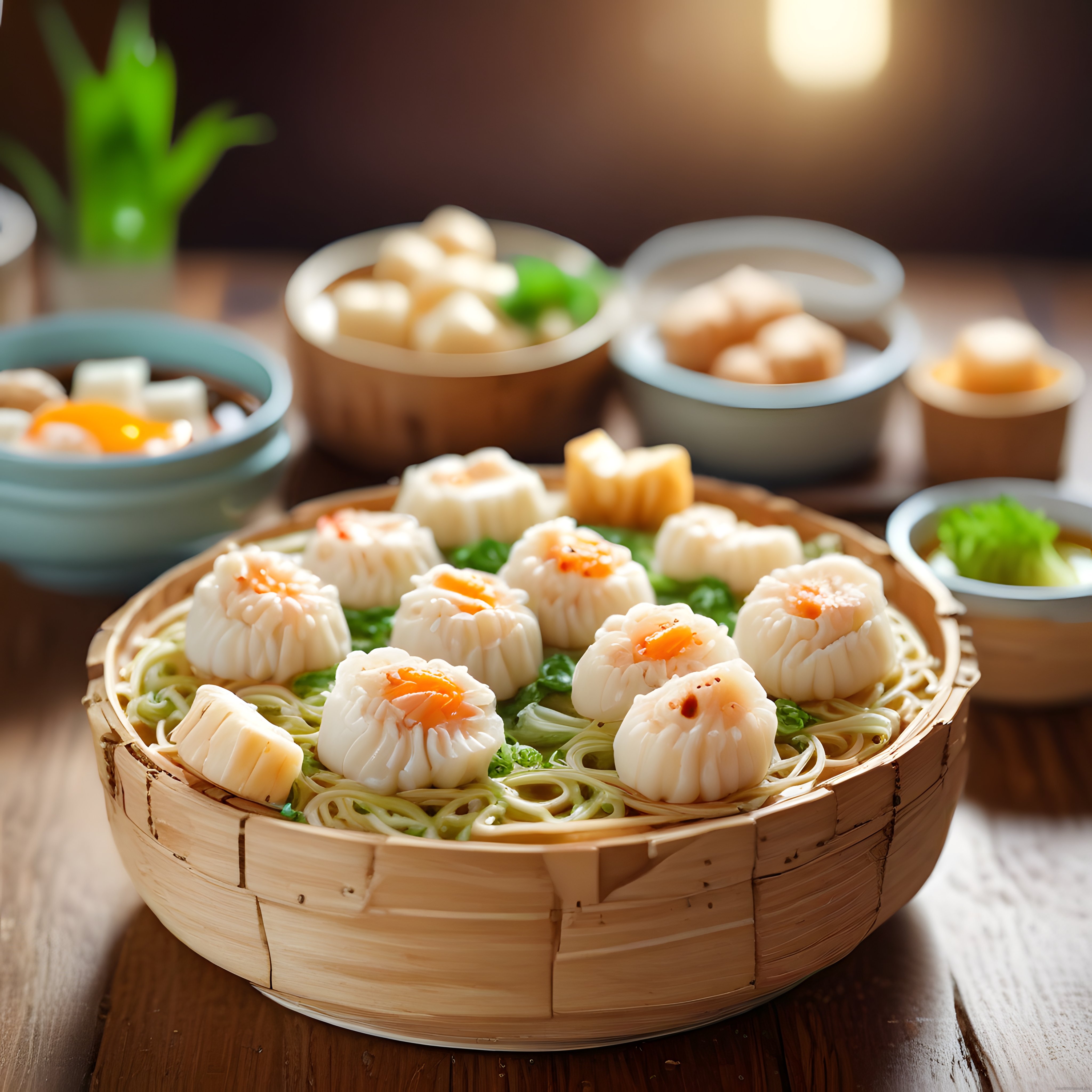 bambu buhar sepetinde sunulan havyarlı dim sum ve asya mutfağı özel lezzetleri
