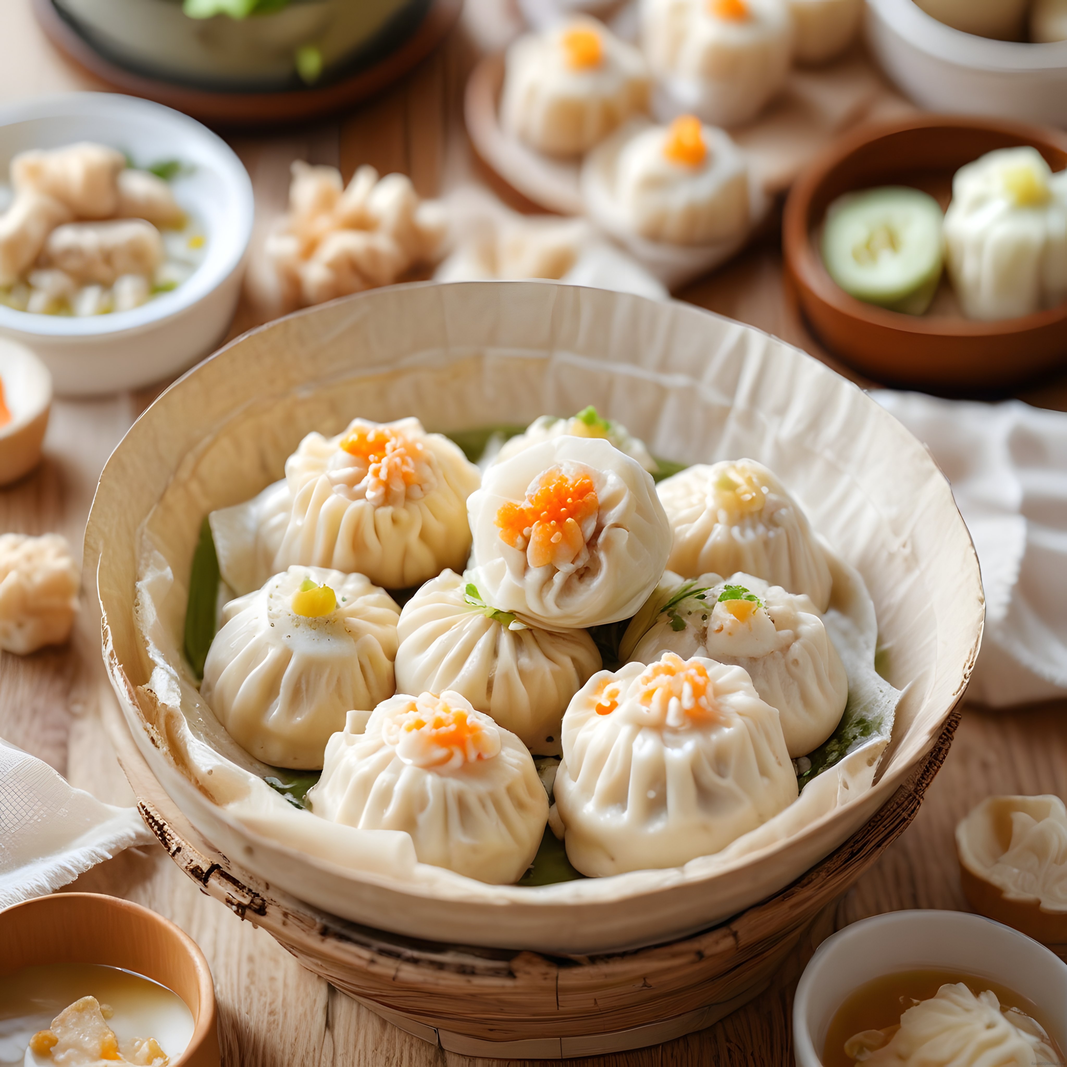 Bambu Buhar Sepetinde Sunulan Taze Dim Sum Mantıları ve Geleneksel Asya Lezzetleri