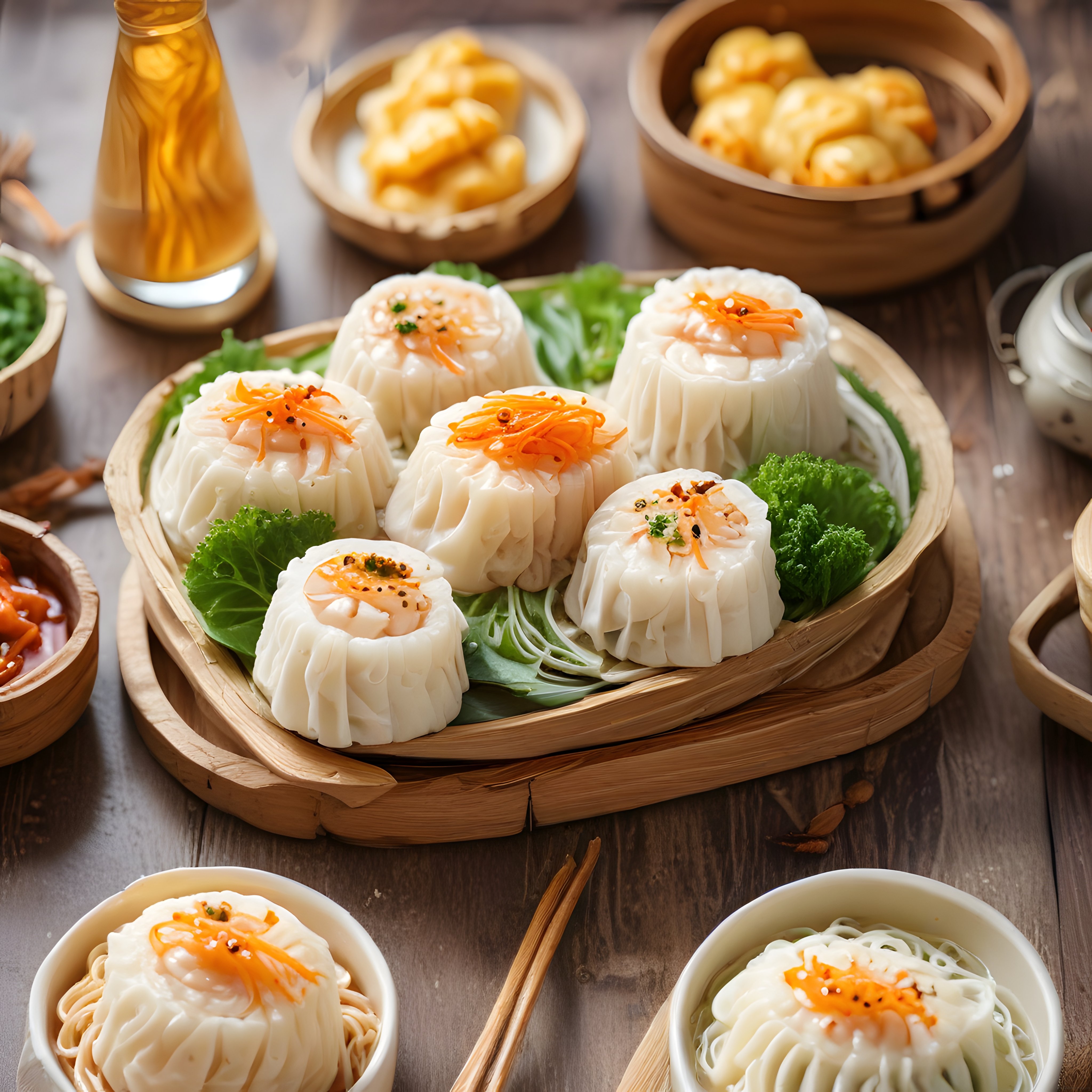 Bambu Buhar Sepetinde Sunulan Taze Karidesli Çin Mantısı Dim Sum
