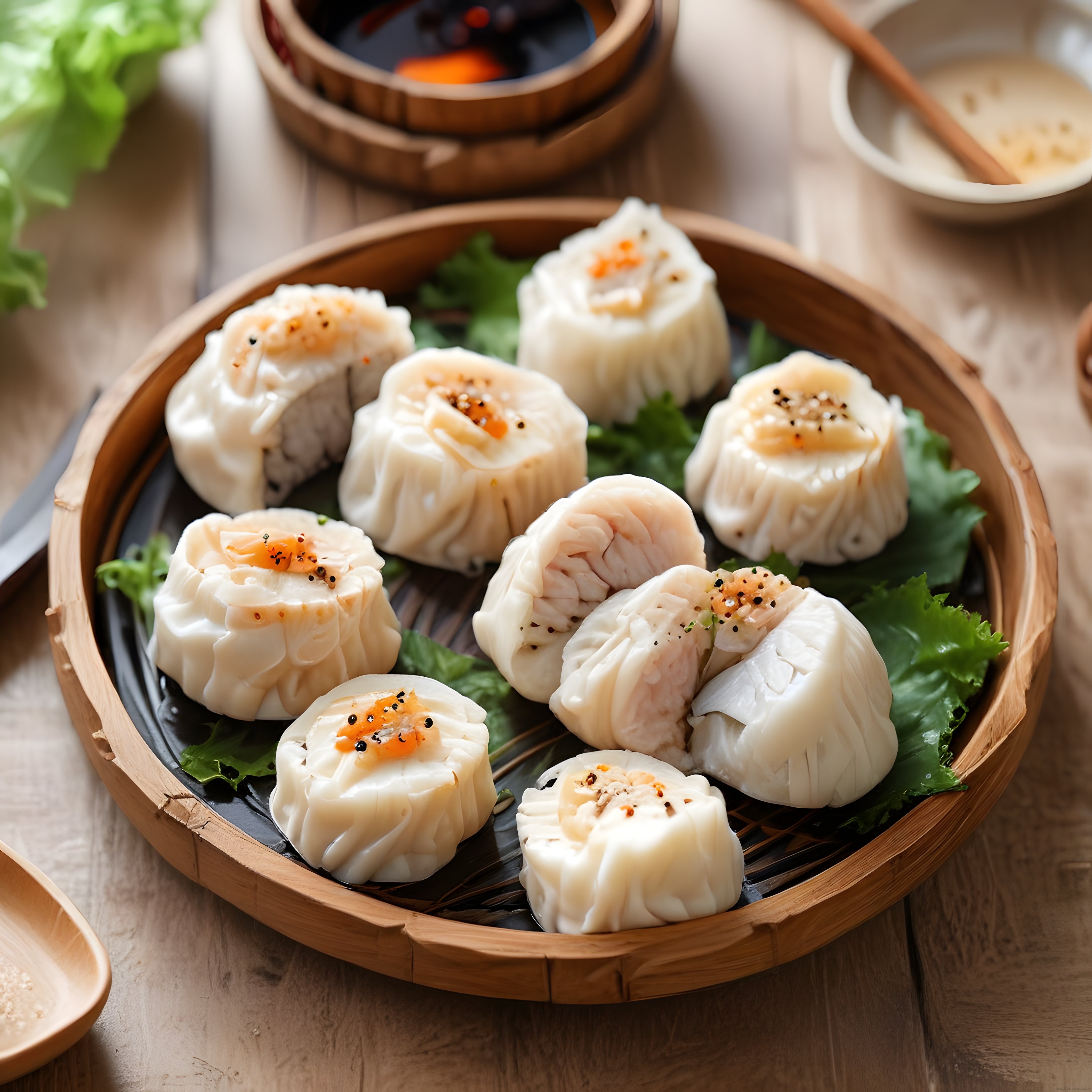 Bambu Buhar Sepetinde Sunulan Taze Shumai Mantı ve Uzakdoğu Sosları