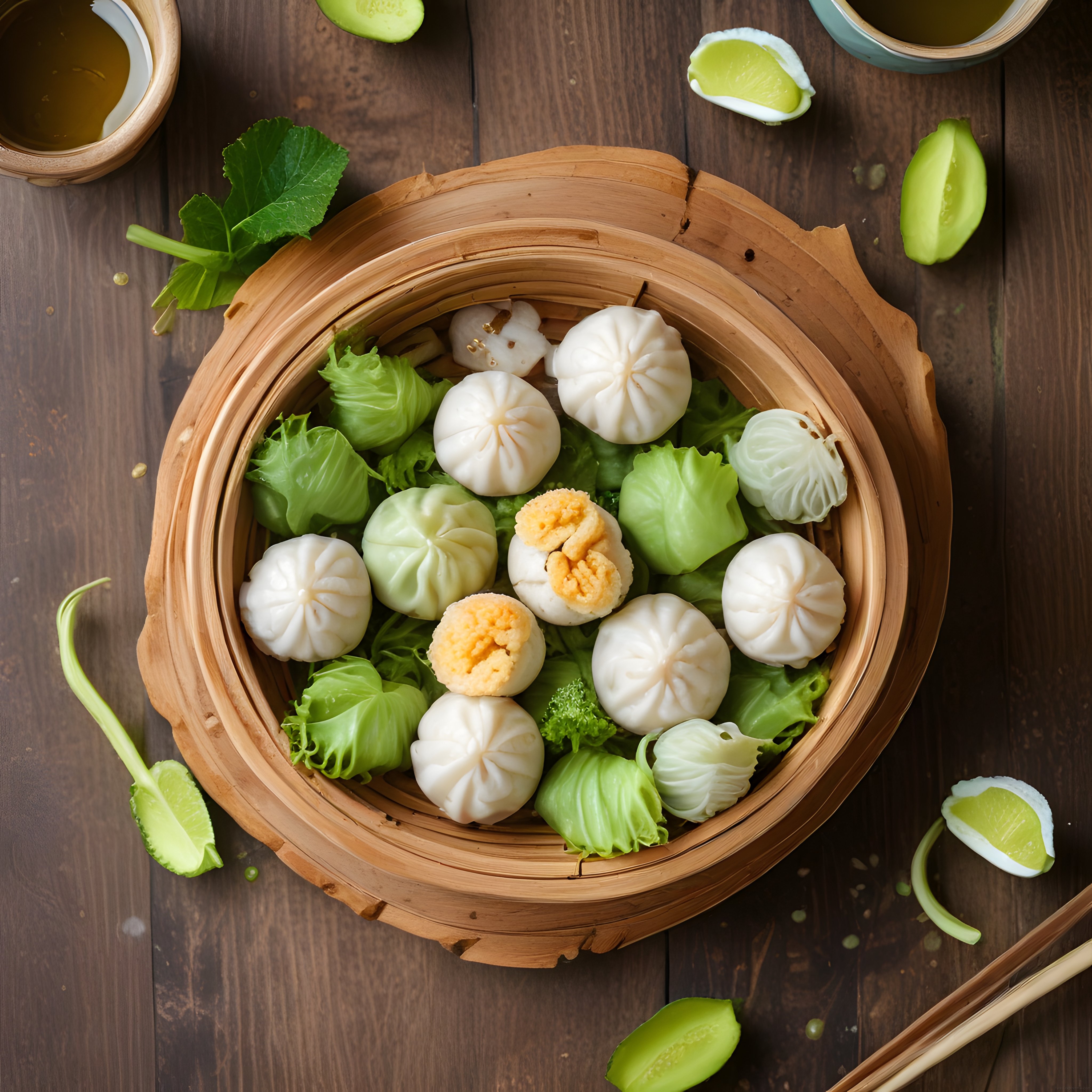 Bambu Buhar Sepetinde Taze Yeşilliklerle Sunulan Renkli Dim Sum Mantıları