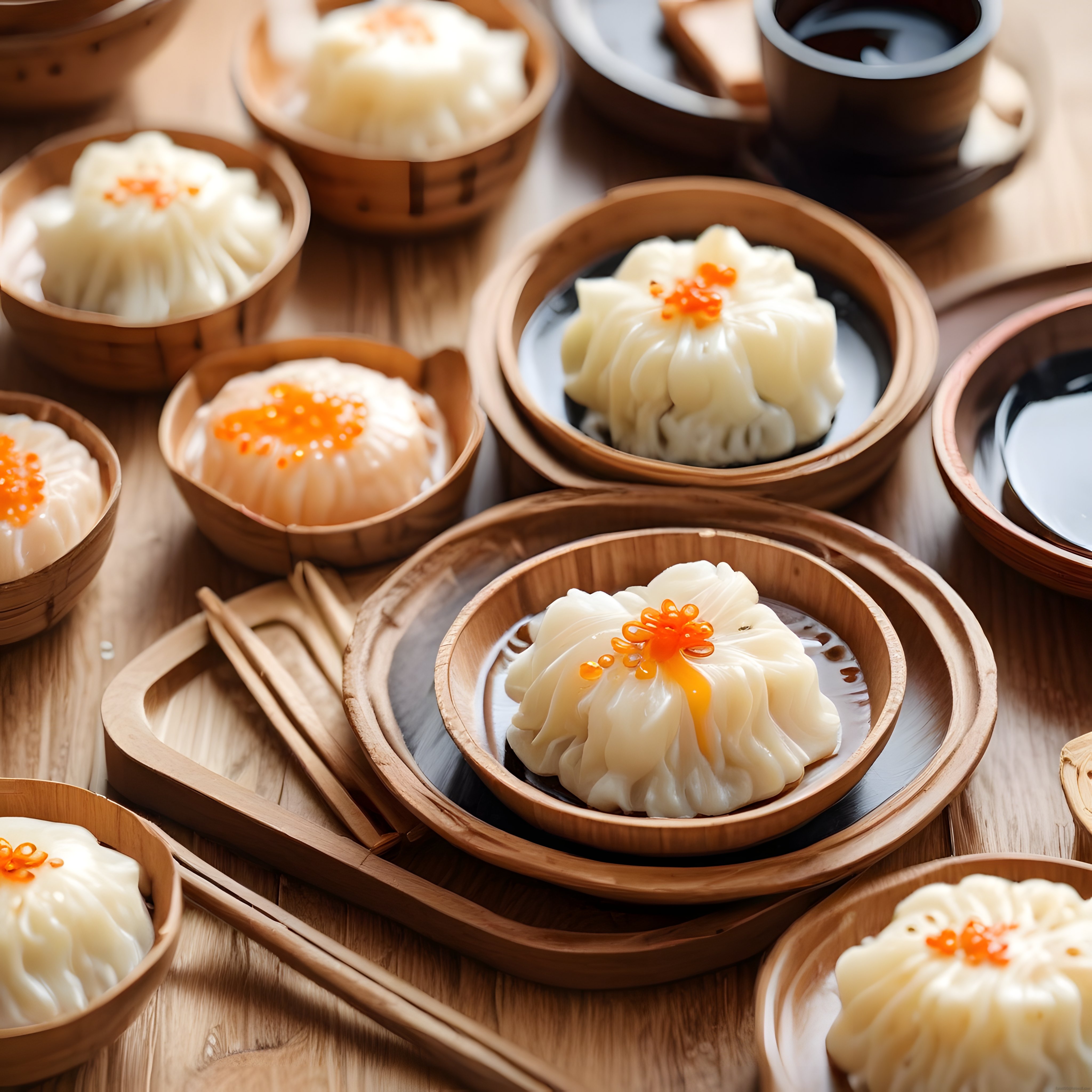 Bambu buhar sepetlerinde havyarlı siu mai mantıları ve soya sosu sunumu