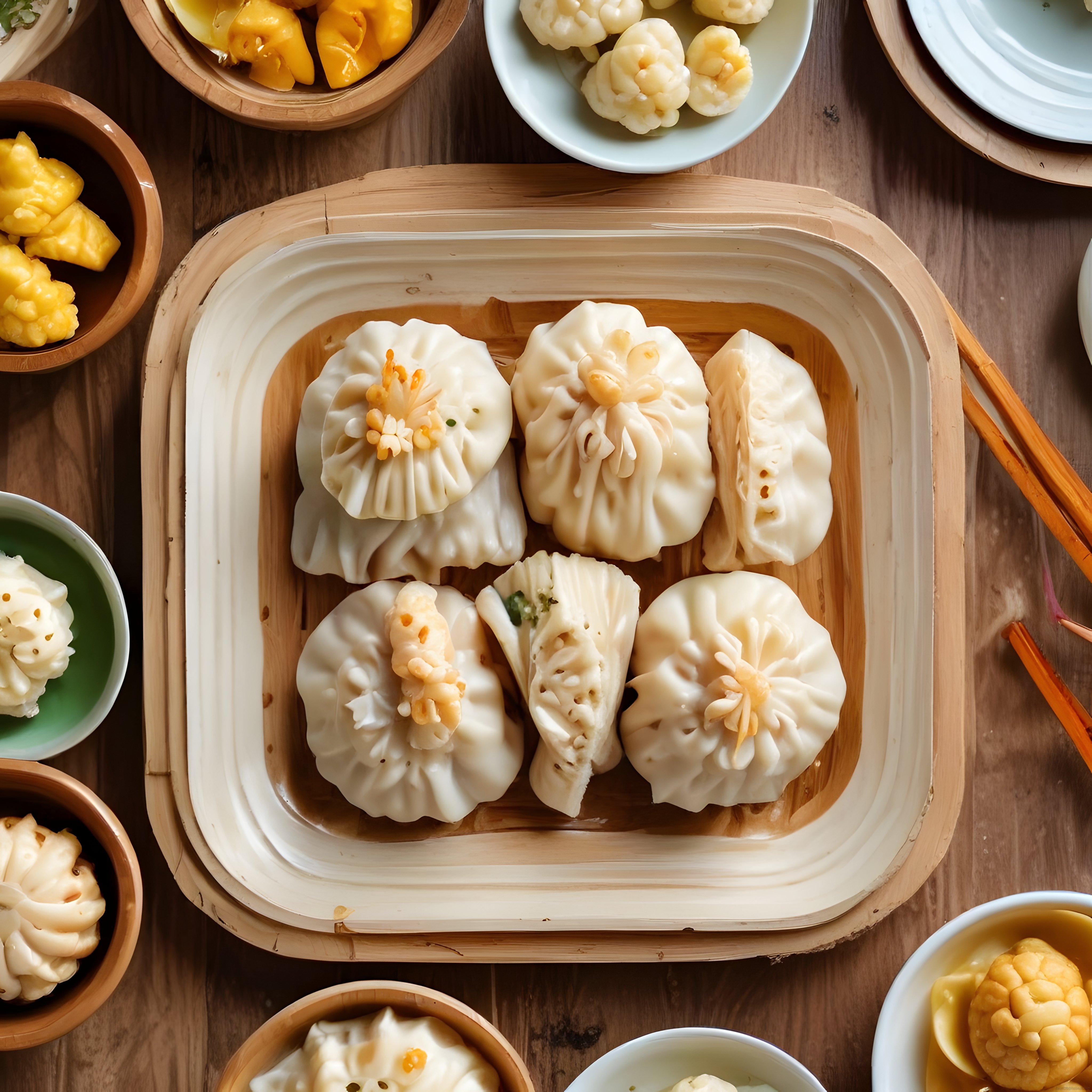 Bambu buhar sepetlerinde servis edilen geleneksel dim sum ve çin mantı çeşitleri
