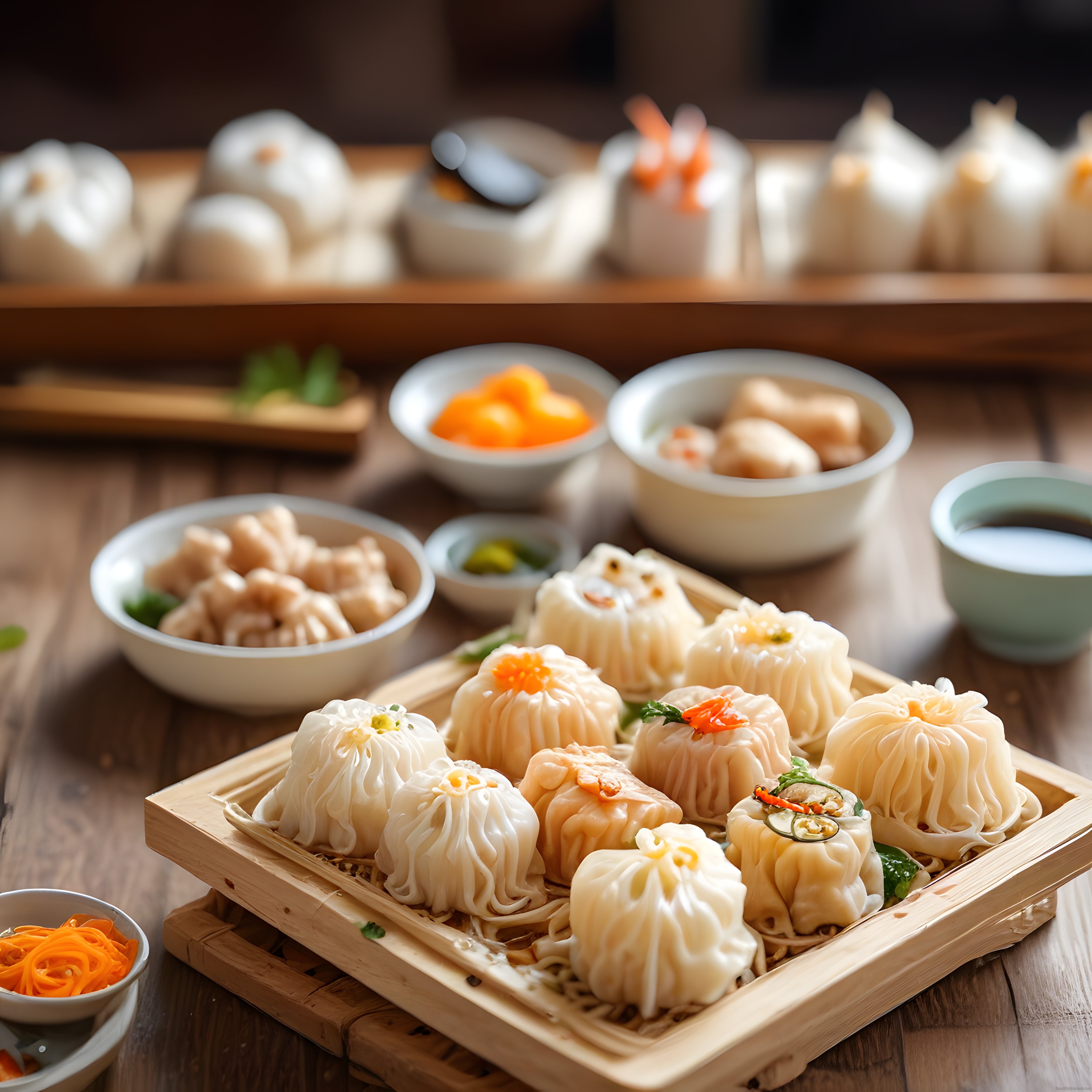 Bambu Buhar Sepetlerinde Sunulan Geleneksel Çin Dim Sum Çeşitleri ve Mantılar