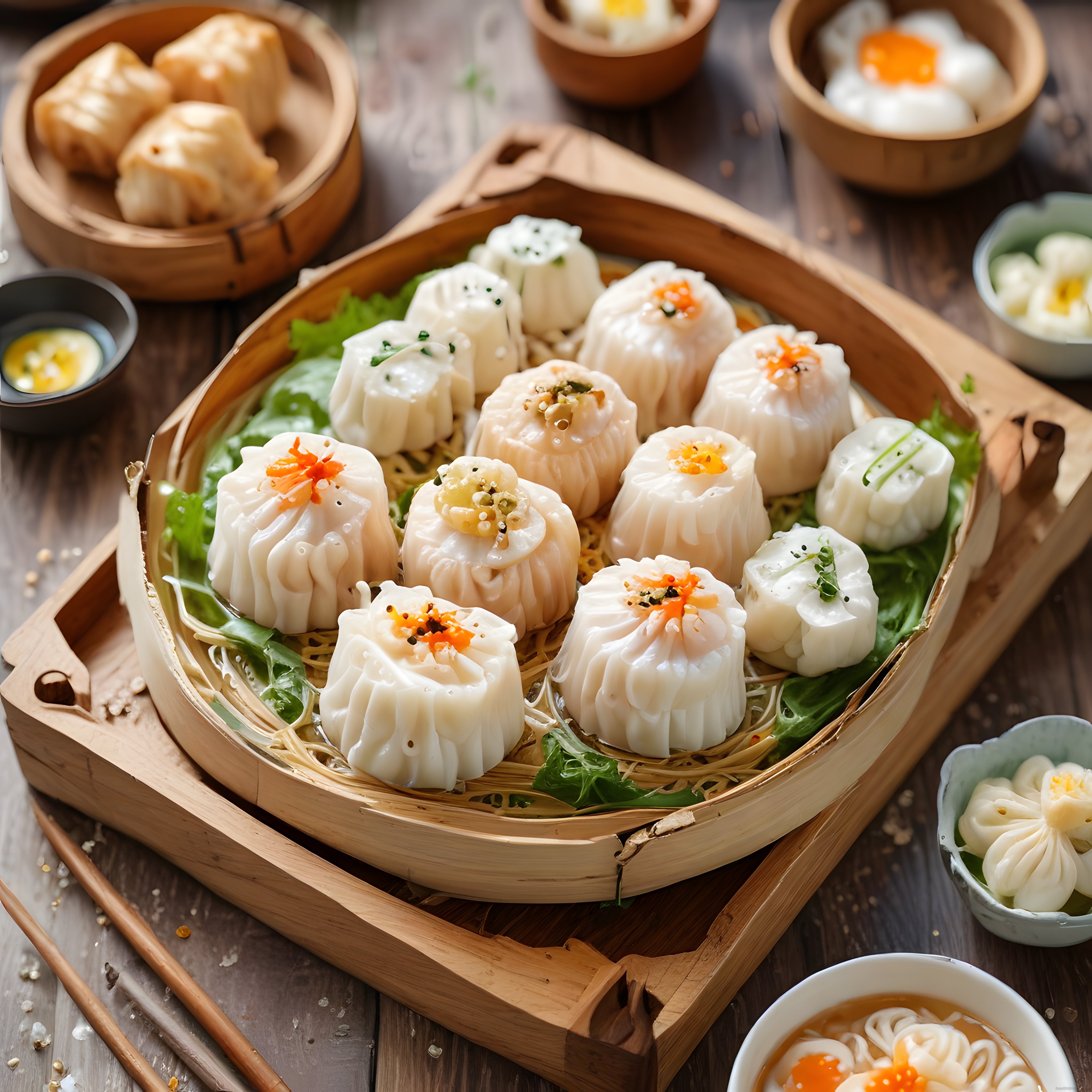 Bambu Buhar Sepetlerinde Sunulan Geleneksel Çin Dim Sum ve Mantı Çeşitleri