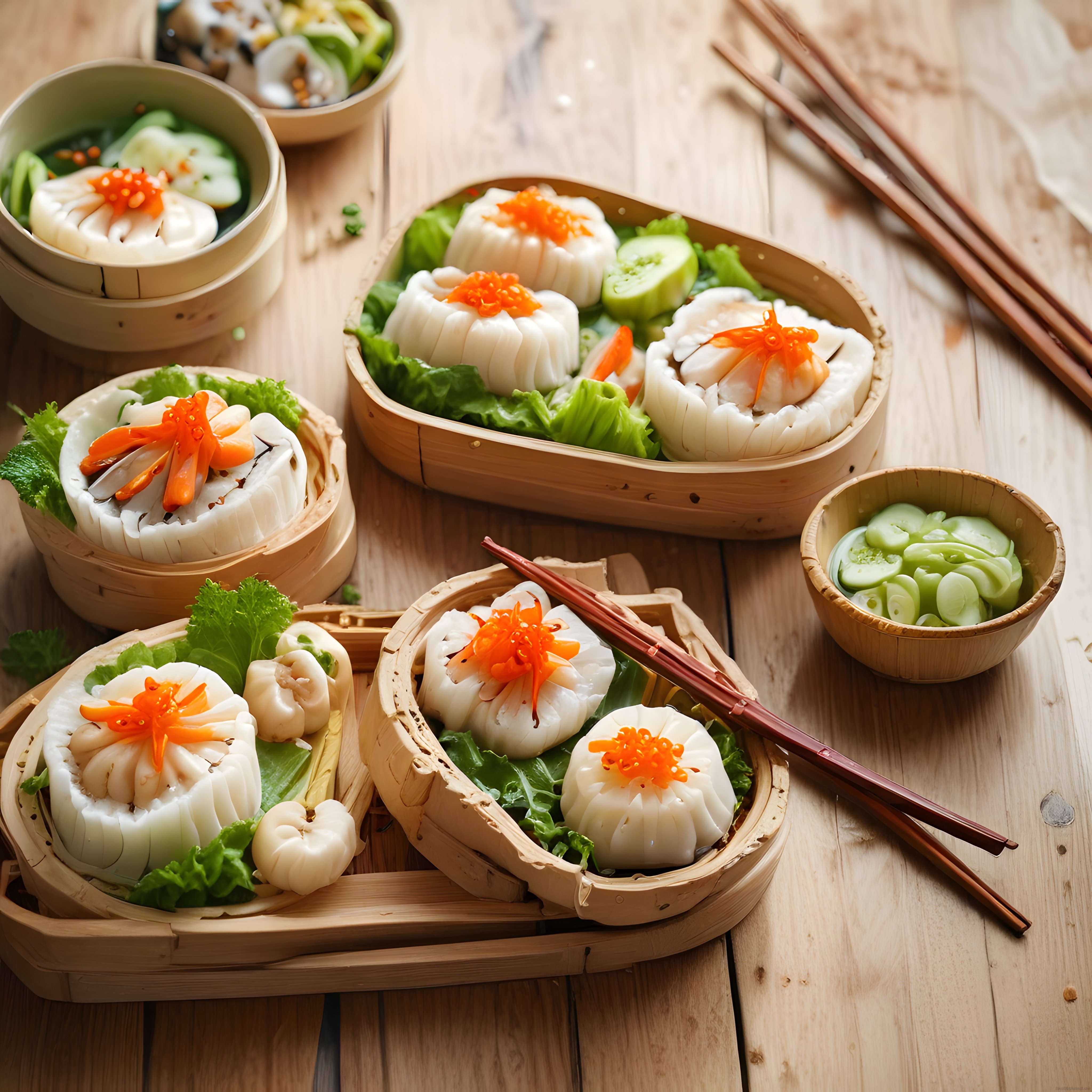 Bambu buhar sepetlerinde sunulan taze dim sum ve karidesli har gao çeşitleri