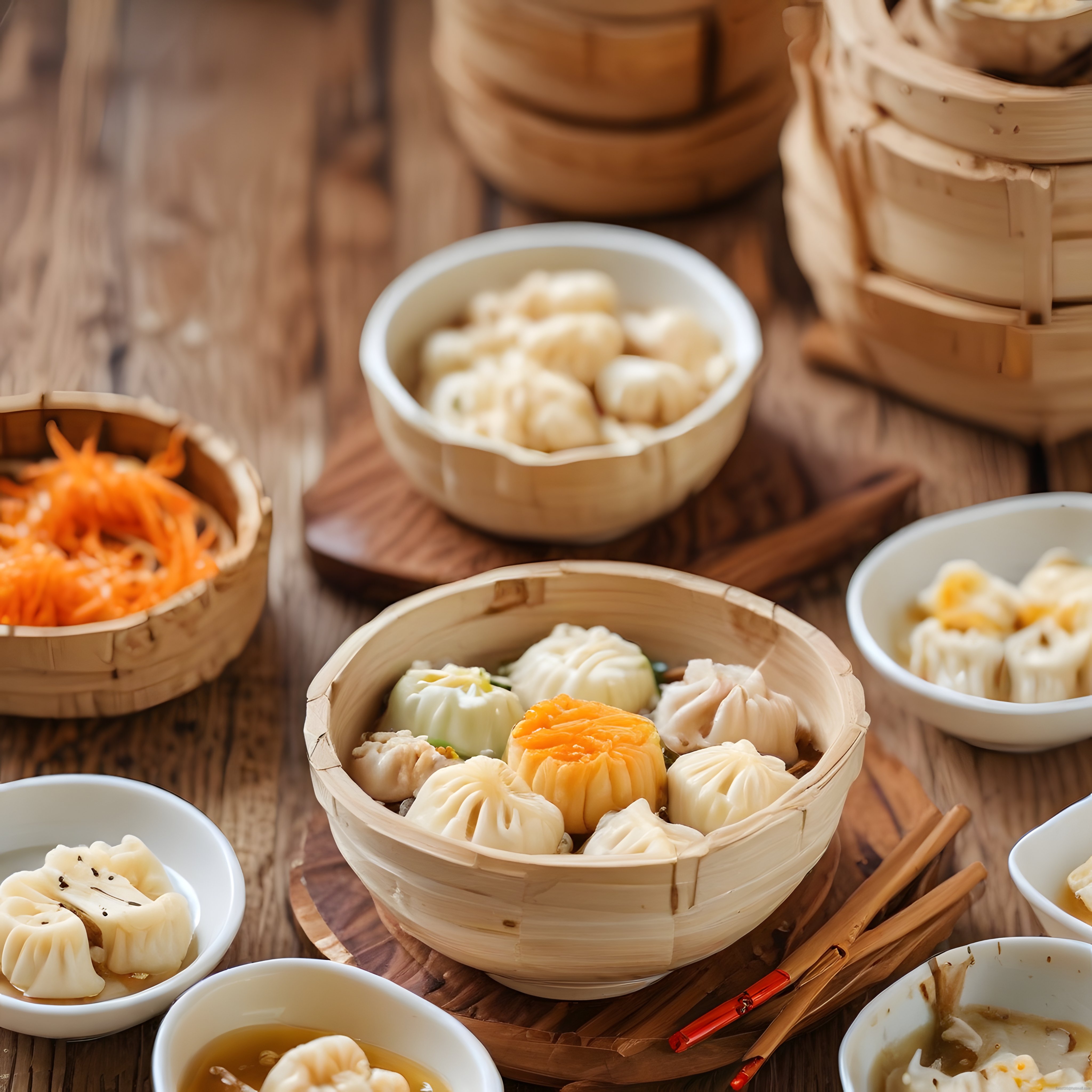 Bambu Buharda Çeşitli Çin Mantıları: Geleneksel Dim Sum Sofrası Detayı