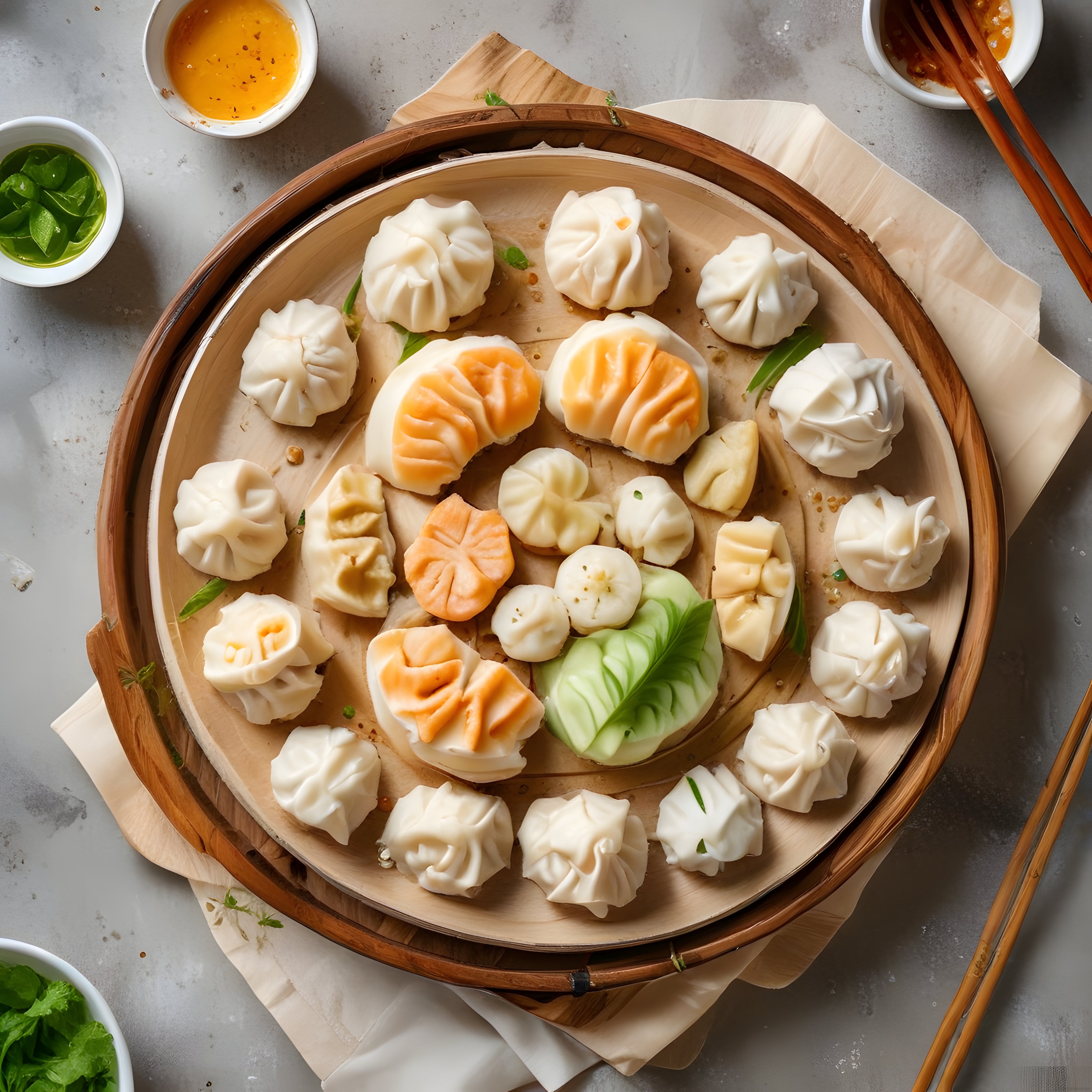 Bambu Buharda Çeşitli Dim Sum Mantıları: Asya Mutfağından Şık Sunum