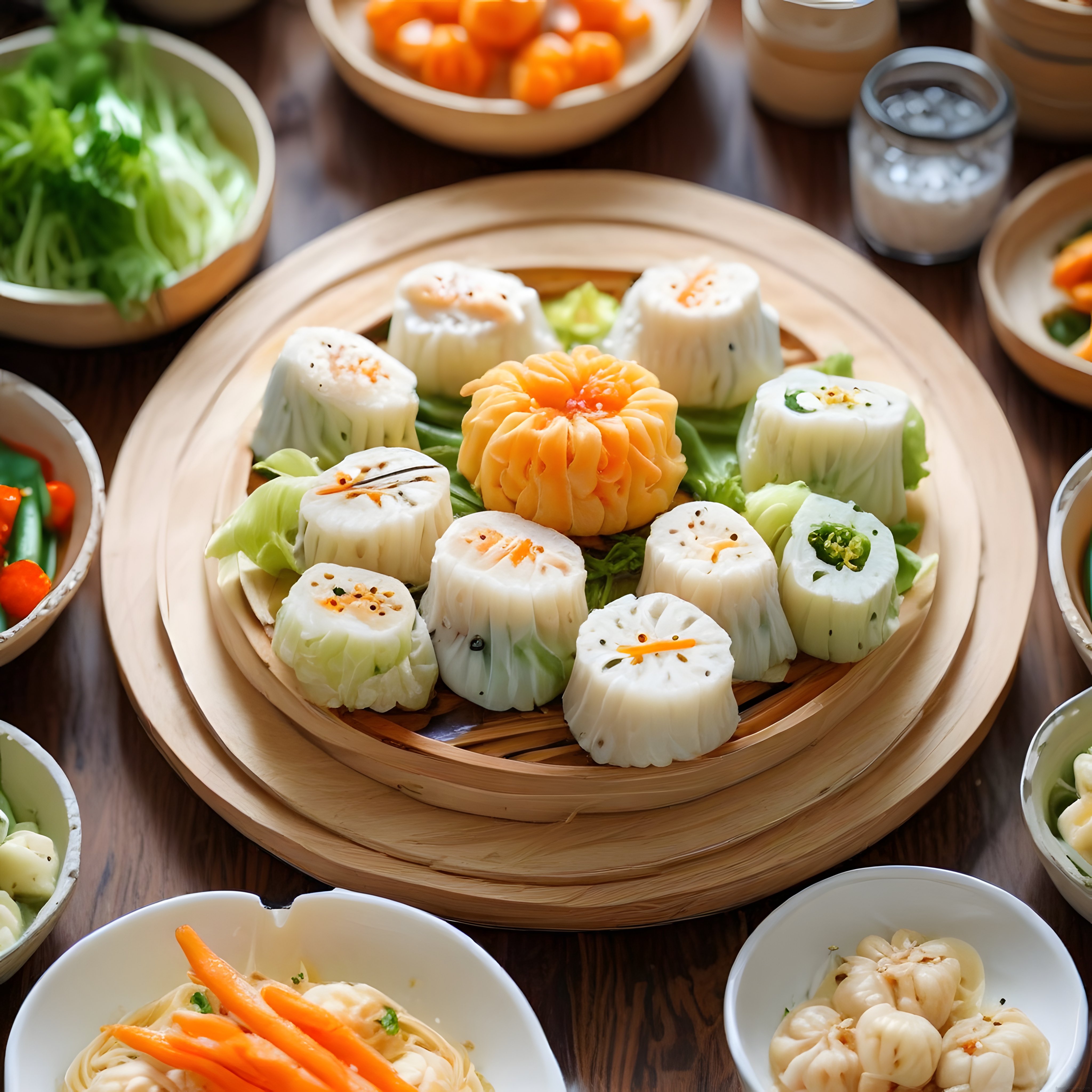 Bambu Buharda Dim Sum Sunumu: Asya Mutfağının Sağlıklı ve Renkli Lezzetleri