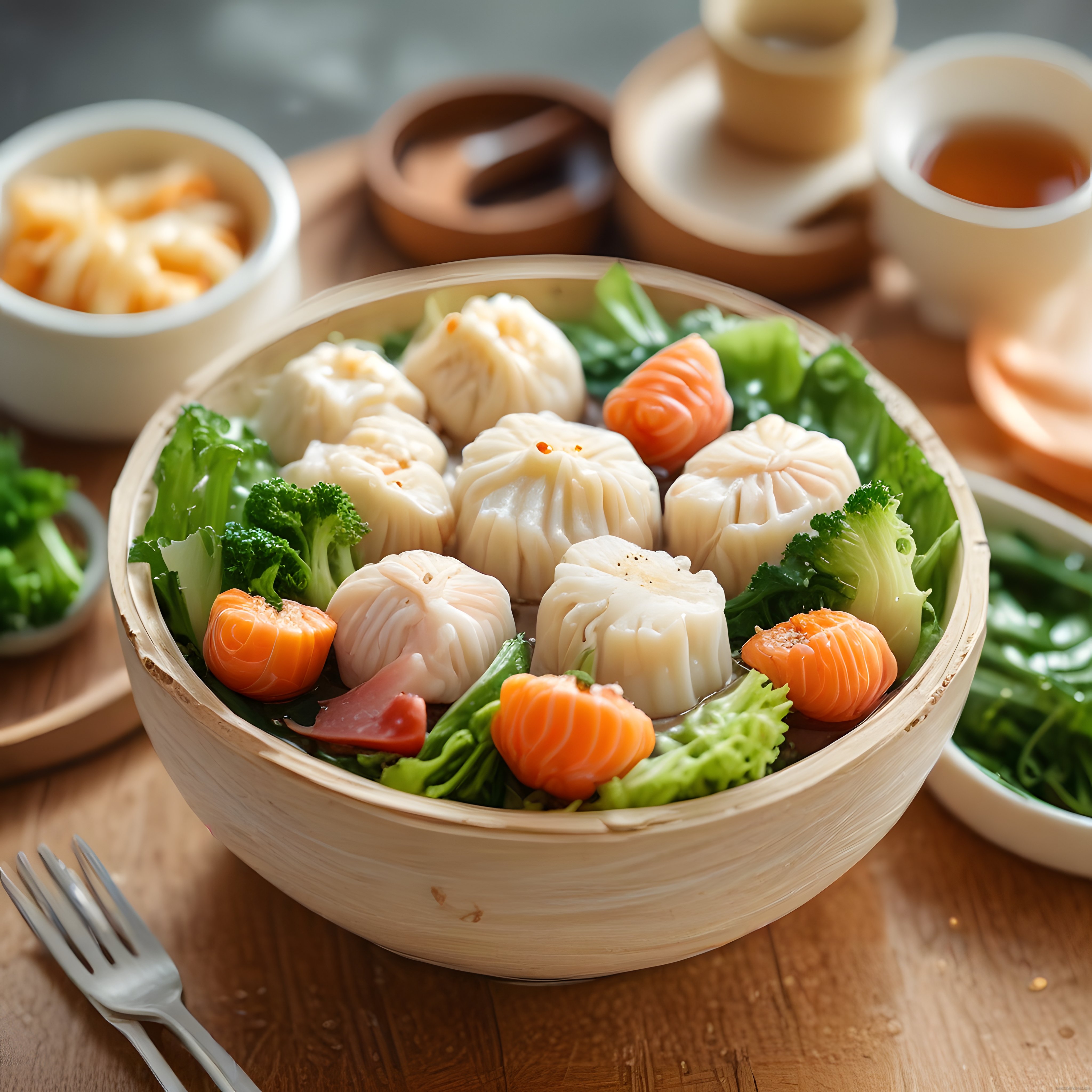 Bambu Buharda Dim Sum ve Somon ile Asya Usulü Sağlıklı Yemek Sunumu