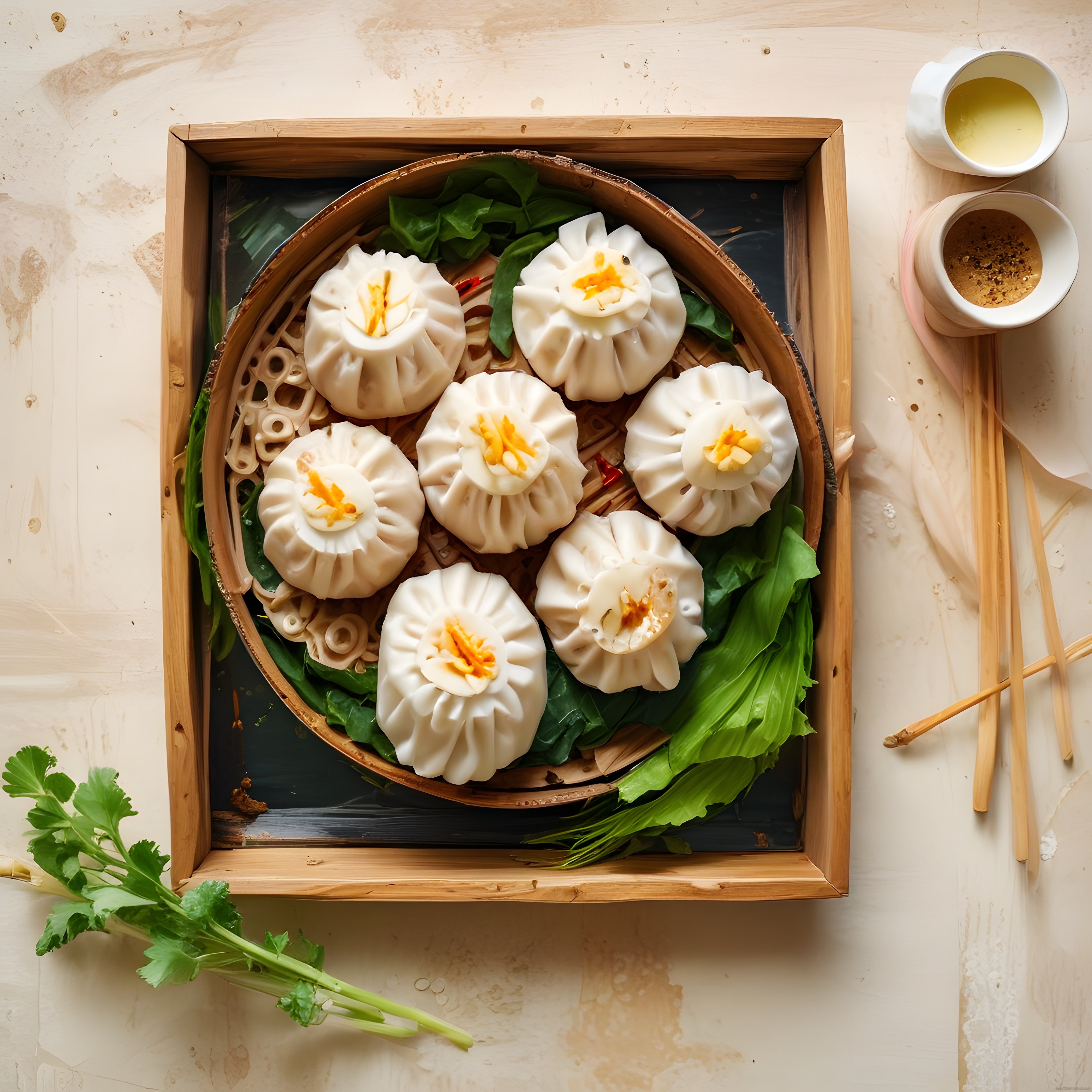 Bambu Buharda Lezzetli Dim Sum Mantıları ve Otantik Çin Mutfak Sunumu