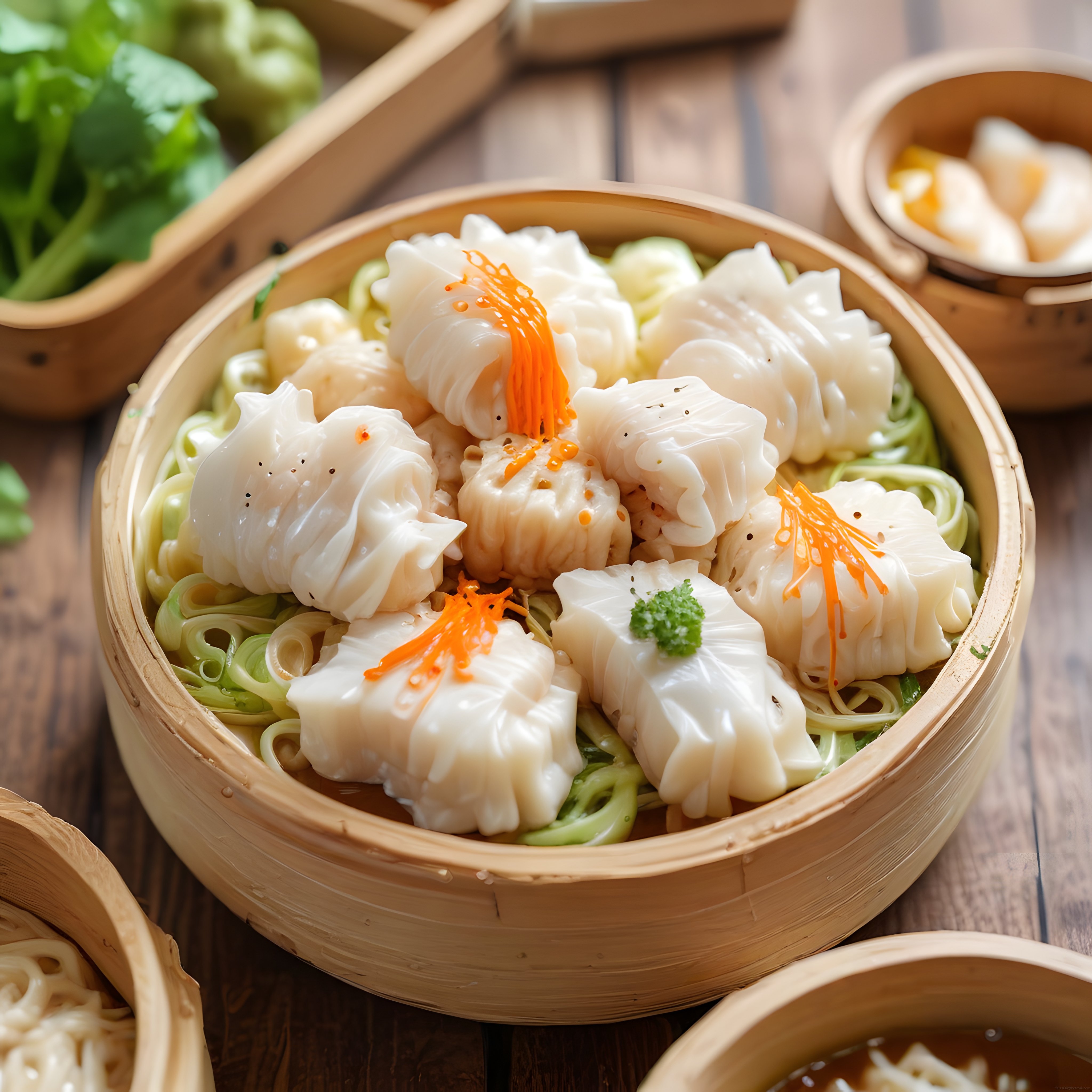 Bambu Buharda Pişirilmiş Taze Dim Sum Mantı ve Sebzeli Erişte Lezzeti