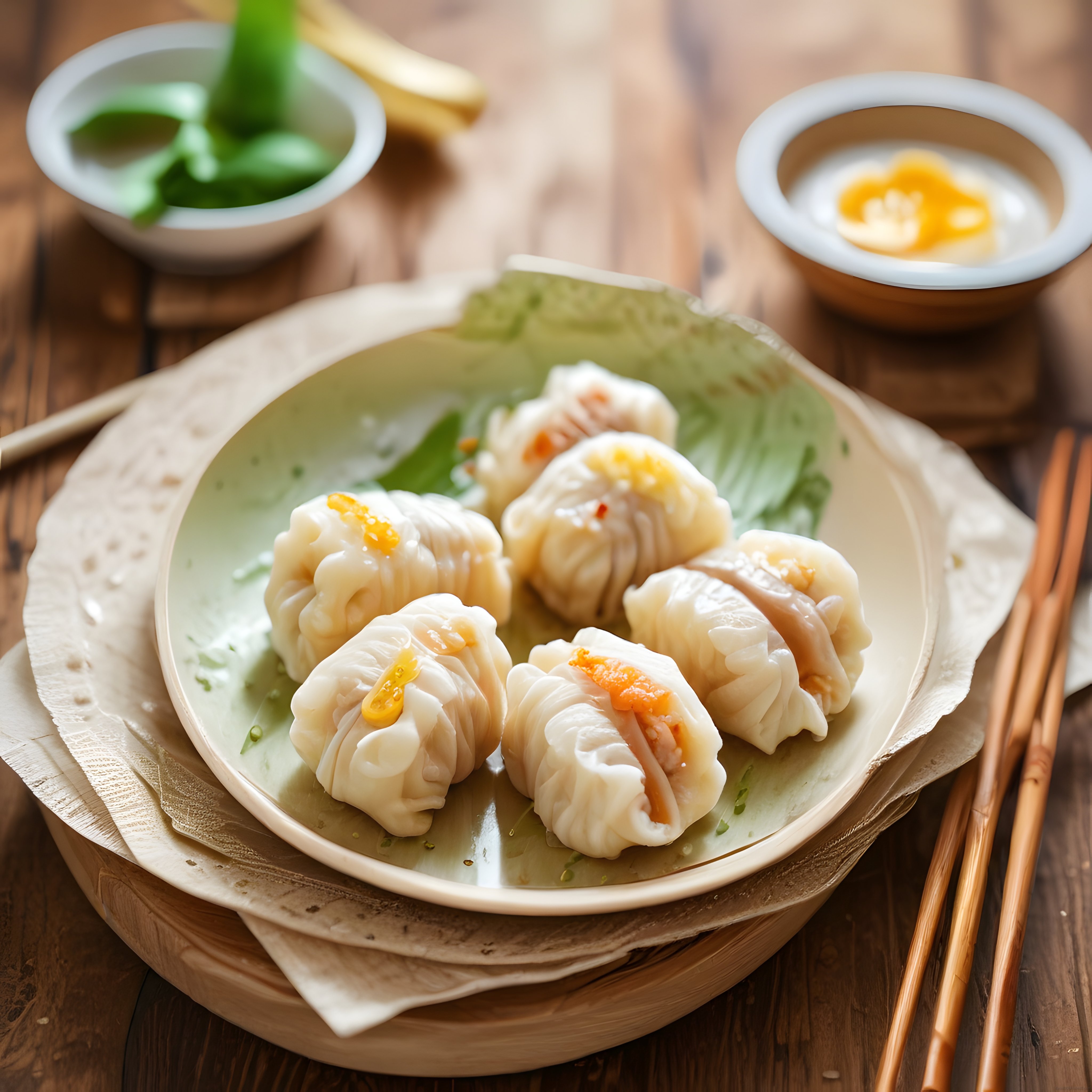 Bambu Buharda Pişirilmiş Yumuşak Shumai Mantıları ve Dip Sosları